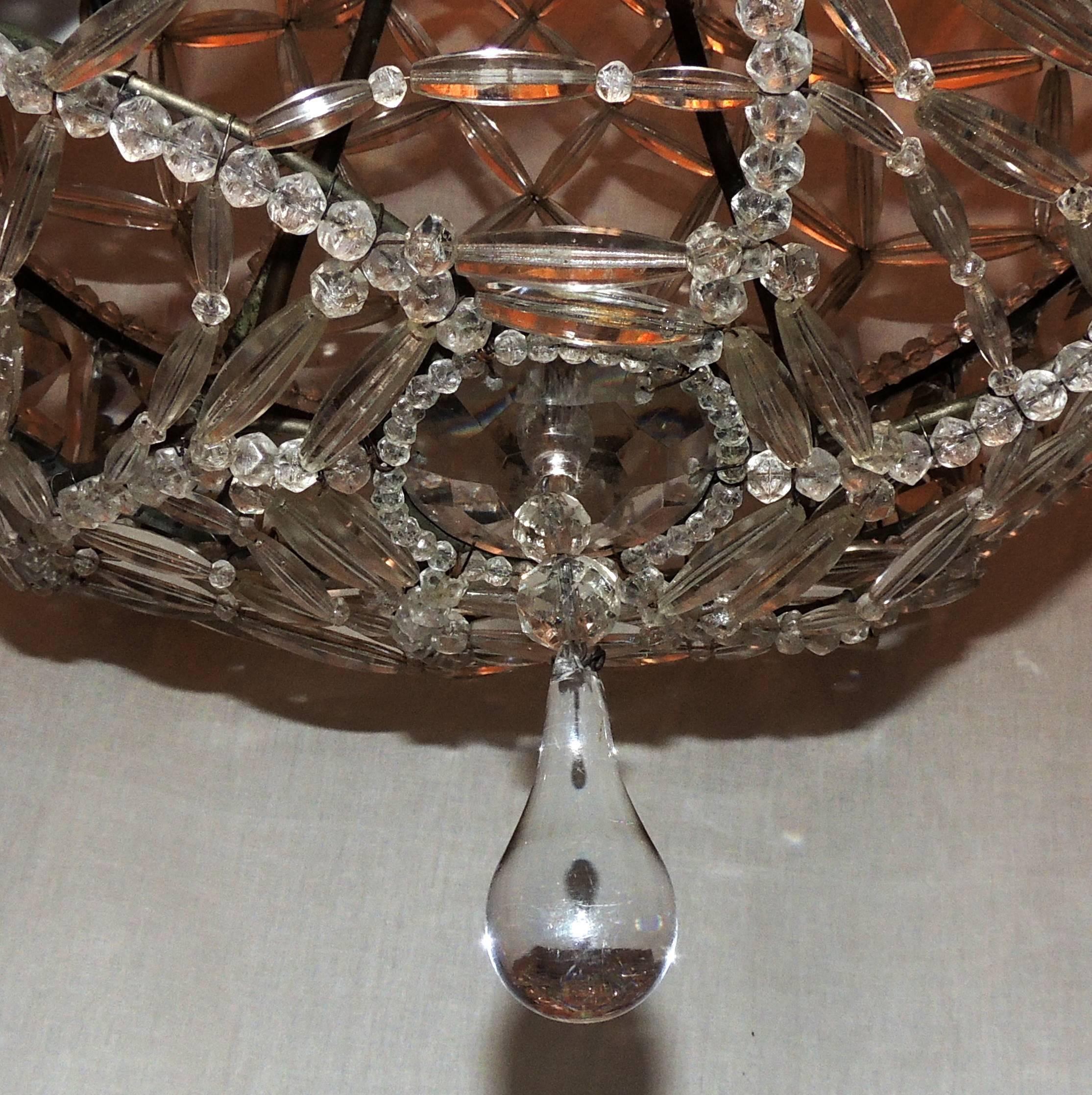 Wonderful French Bronze Crystal Lattice Beaded Basket Drop Chandelier Fixture For Sale 2