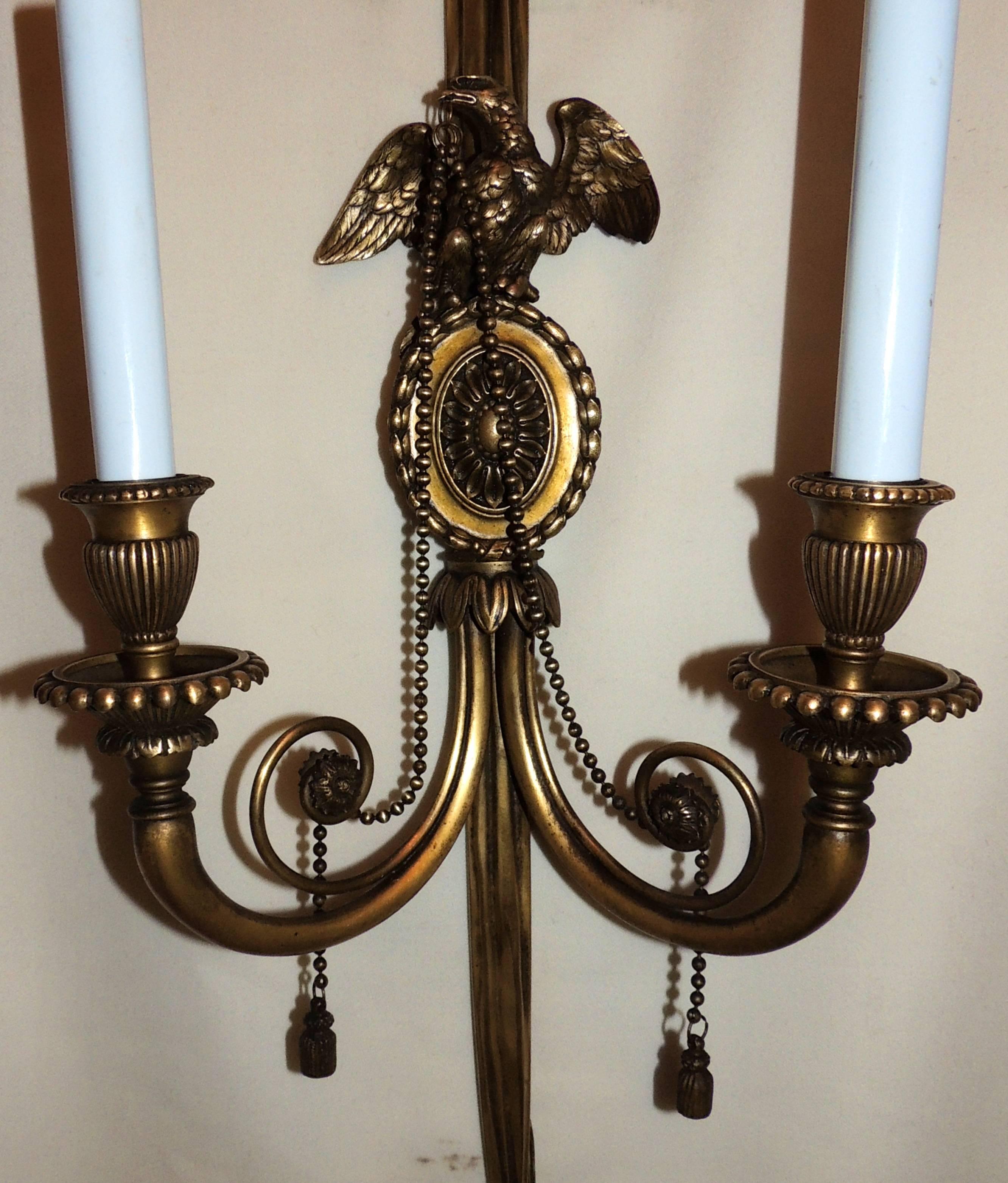 Wonderful Pair Bronze Neoclassical Empire Eagle Caldwell Bow Tassel Swag Sconces In Good Condition In Roslyn, NY