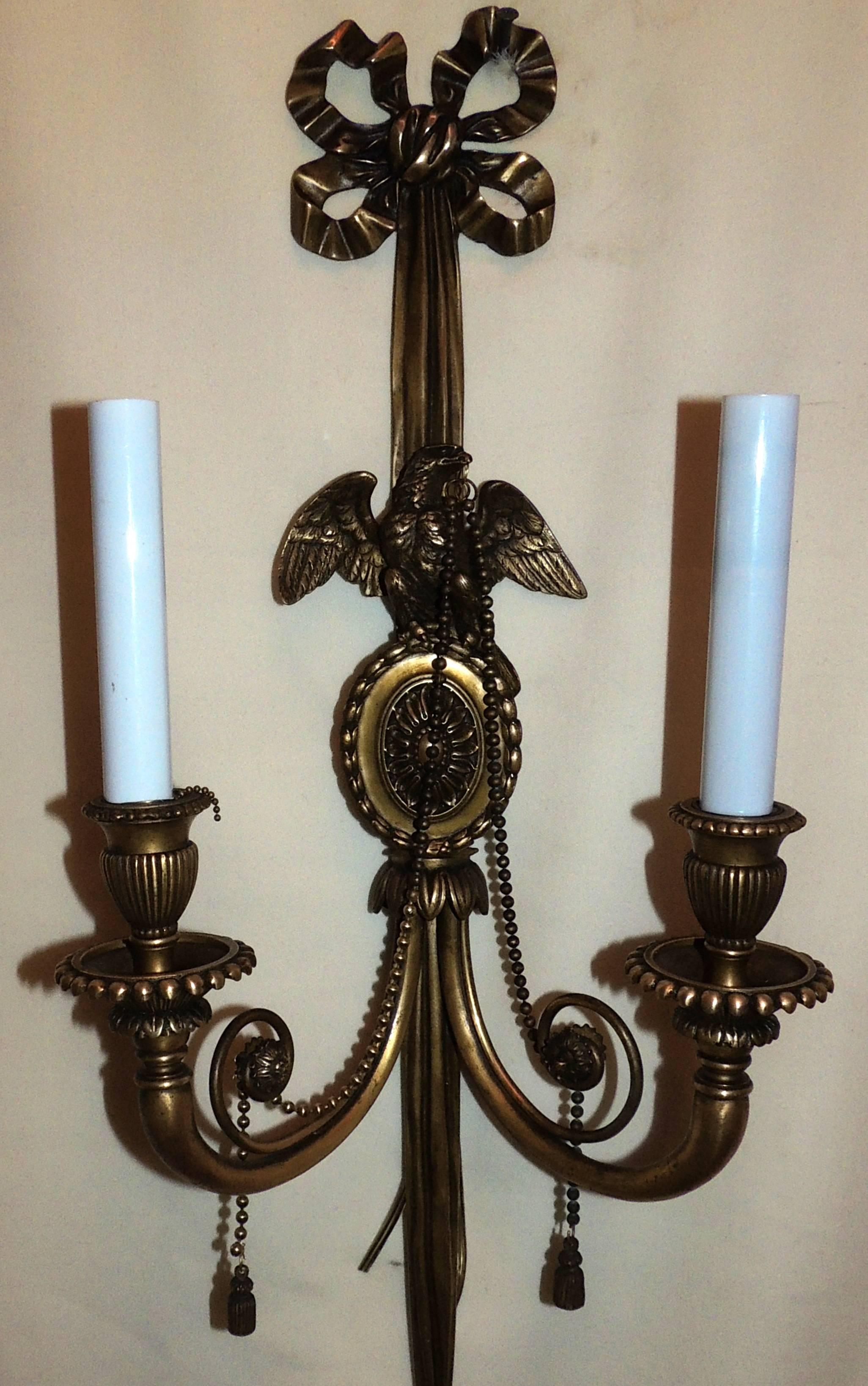 20th Century Wonderful Pair Bronze Neoclassical Empire Eagle Caldwell Bow Tassel Swag Sconces