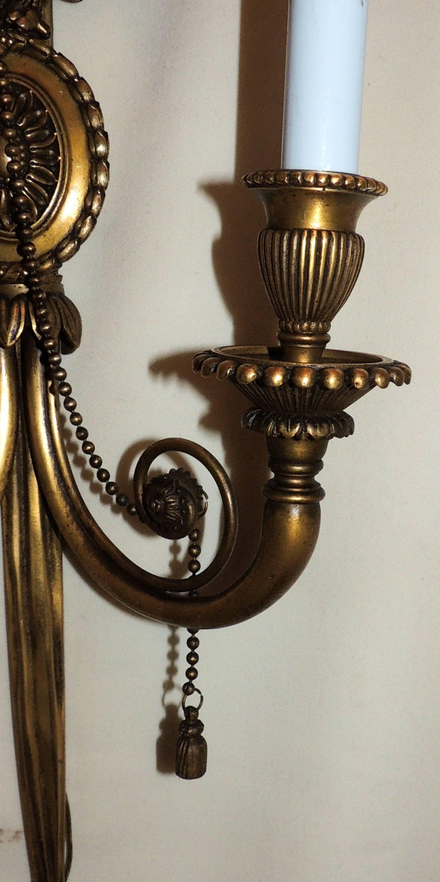 Wonderful Pair Bronze Neoclassical Empire Eagle Caldwell Bow Tassel Swag Sconces 1