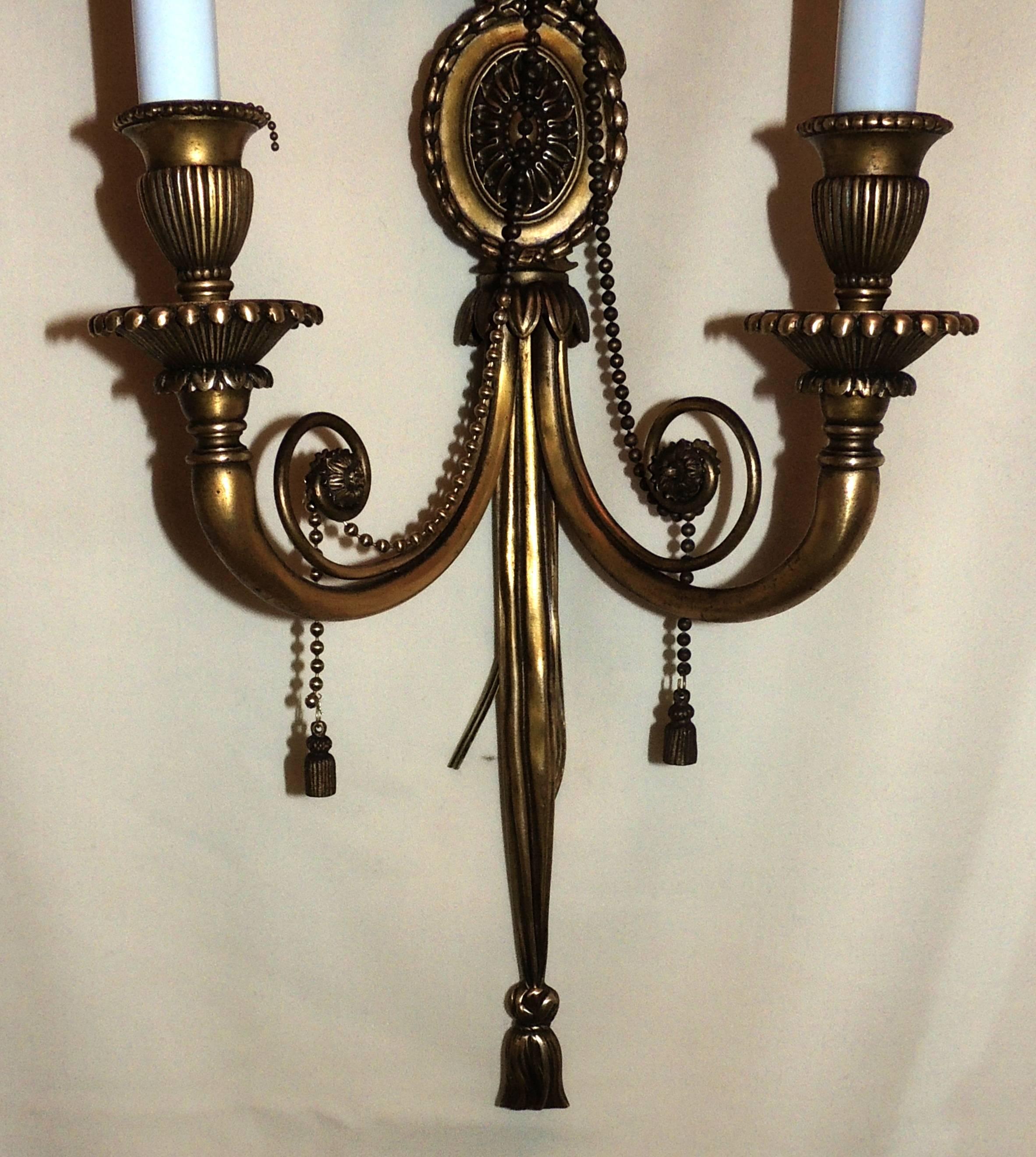 Wonderful Pair Bronze Neoclassical Empire Eagle Caldwell Bow Tassel Swag Sconces 3