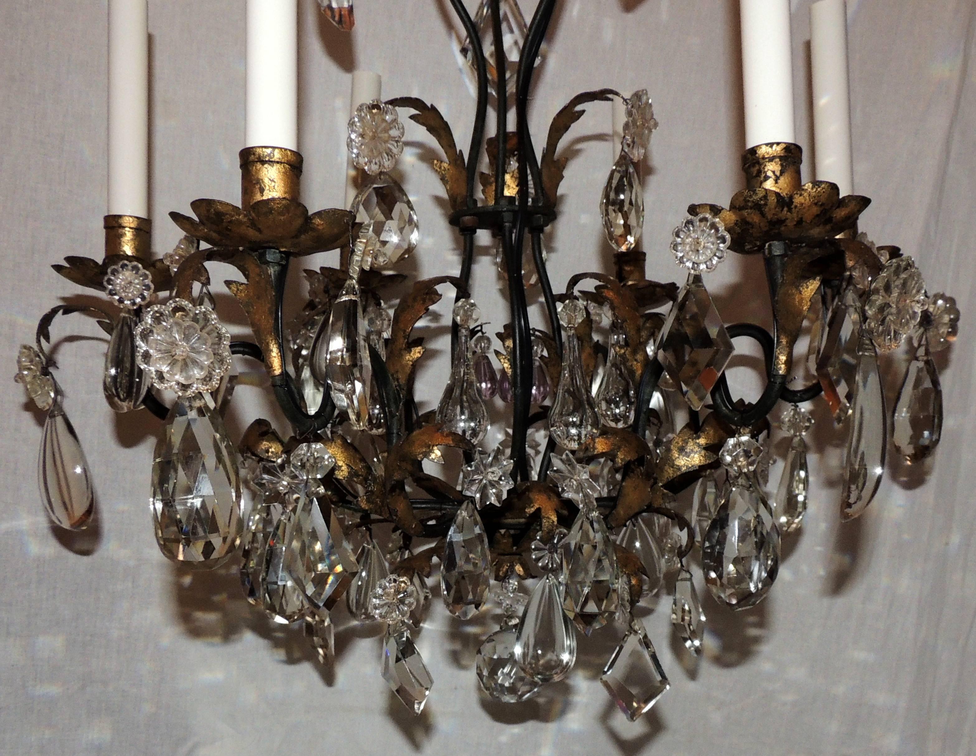 Belle Époque French Iron Gilt Cut Crystal Chandelier Louis XVI Baguès Six-Arm Fixture For Sale