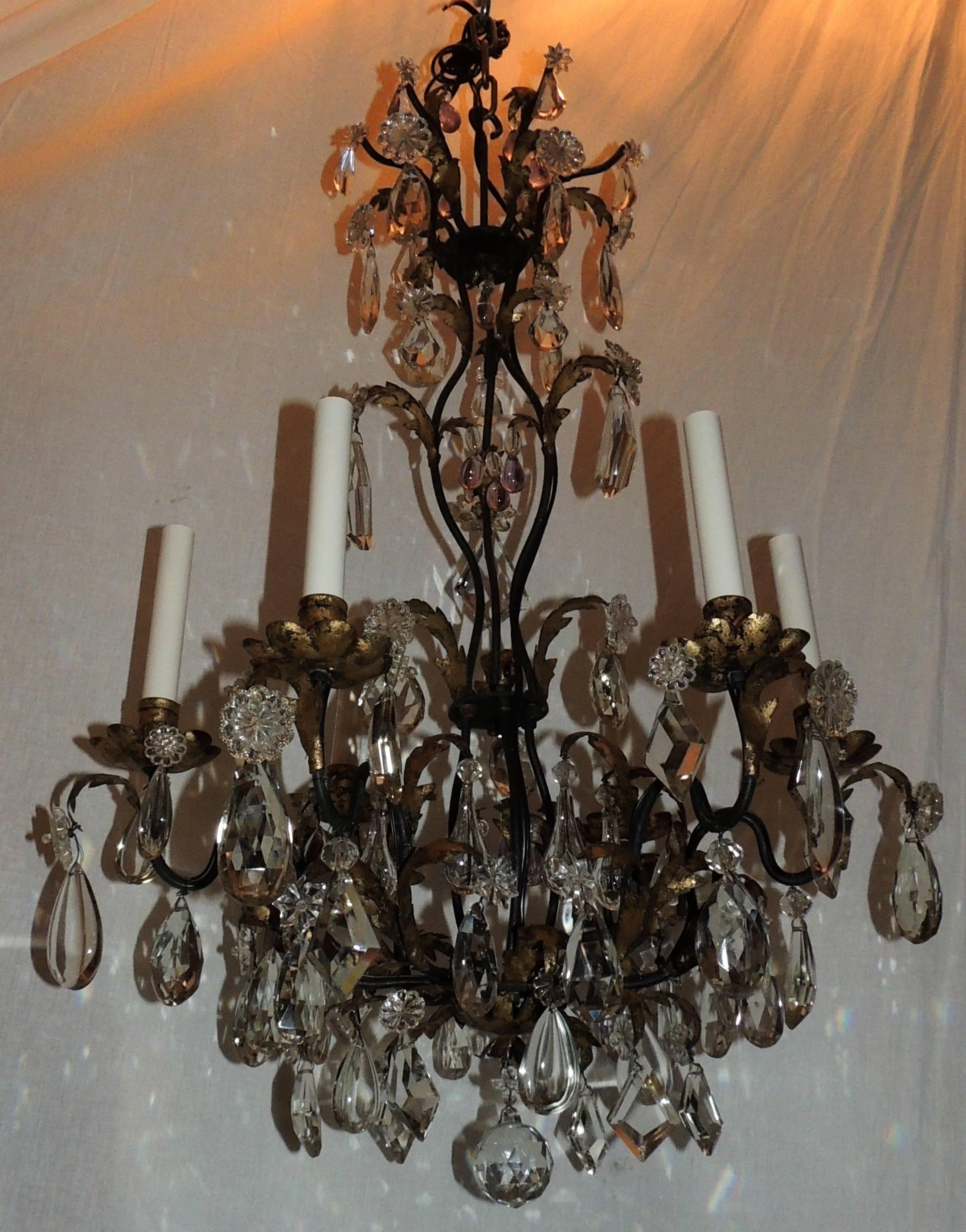 French Iron Gilt Cut Crystal Chandelier Louis XVI Baguès Six-Arm Fixture For Sale 2