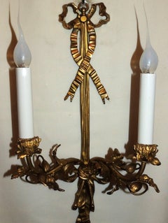 Pair of Antique French Bronze Louis XVI Ribbon Bow Flower Tassel Sconces