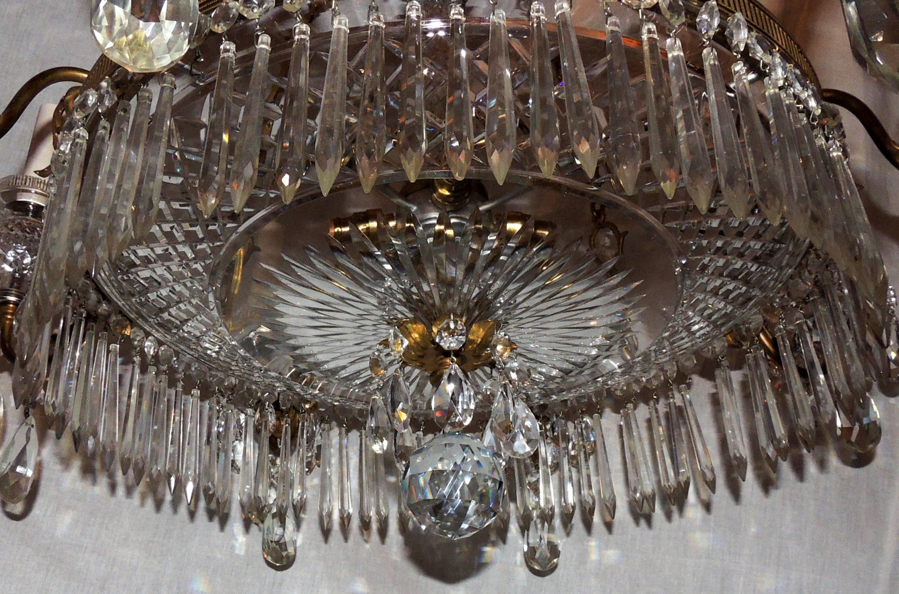 Early 20th Century Exceptional Regency Doré Bronze Cut Crystal Centre Bowl Empire Baltic Chandelier For Sale