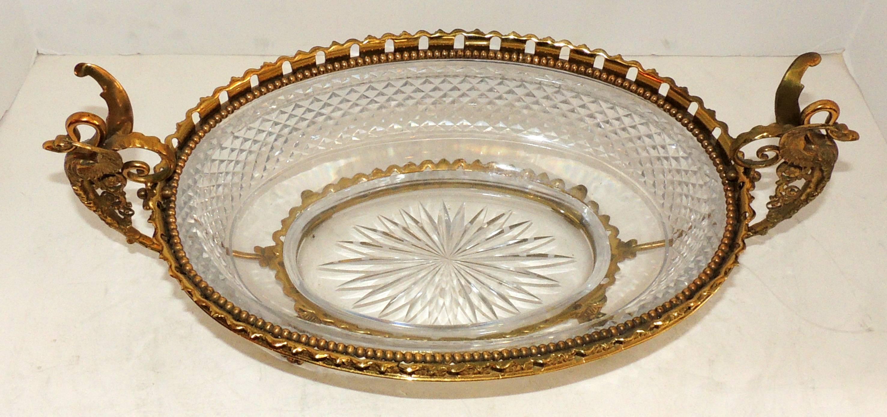 Faceted Wonderful French Bronze Diamond Cut Crystal Bronze Oval Centerpiece Swan Handles