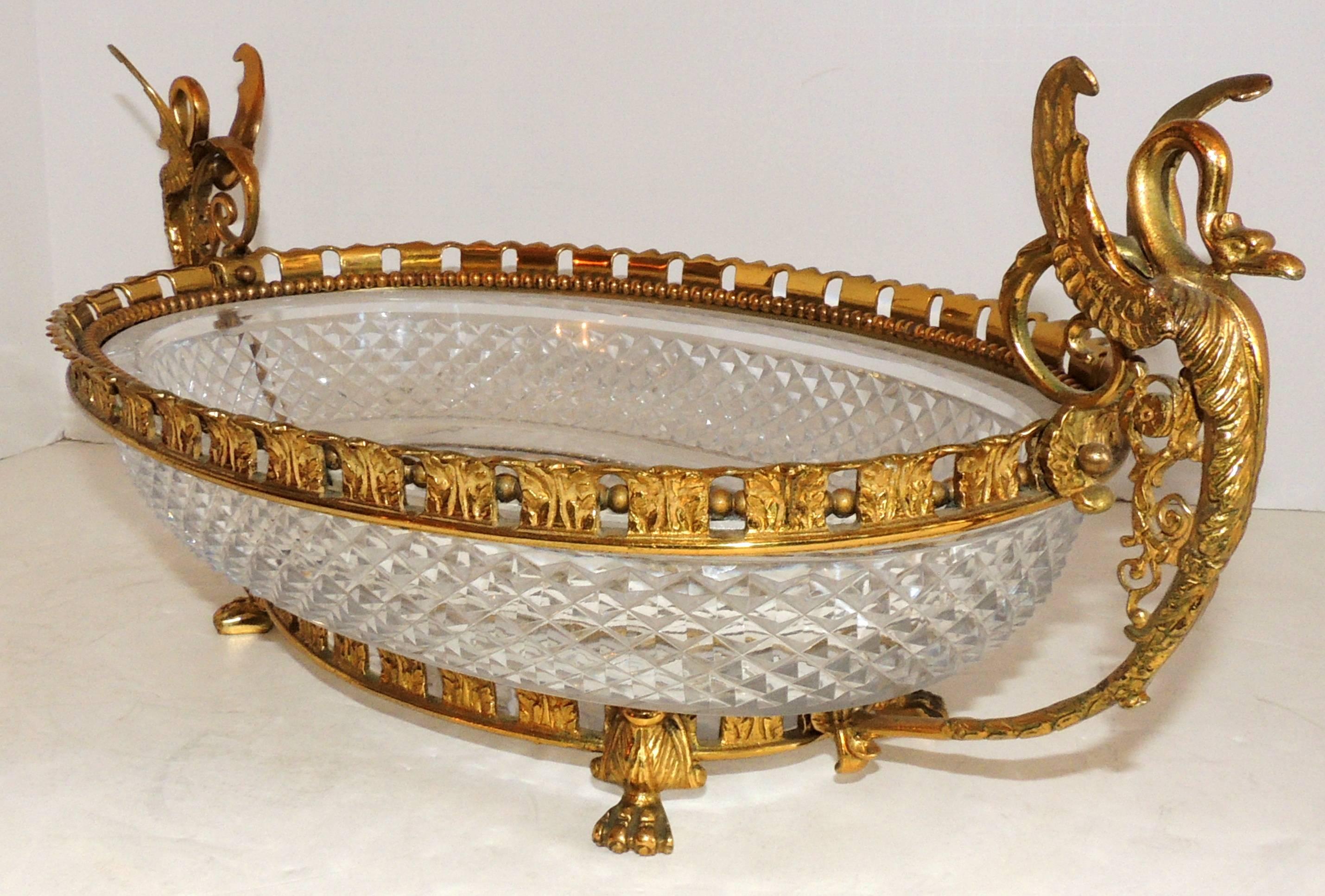 Wonderful French Bronze Diamond Cut Crystal Bronze Oval Centerpiece Swan Handles In Good Condition In Roslyn, NY