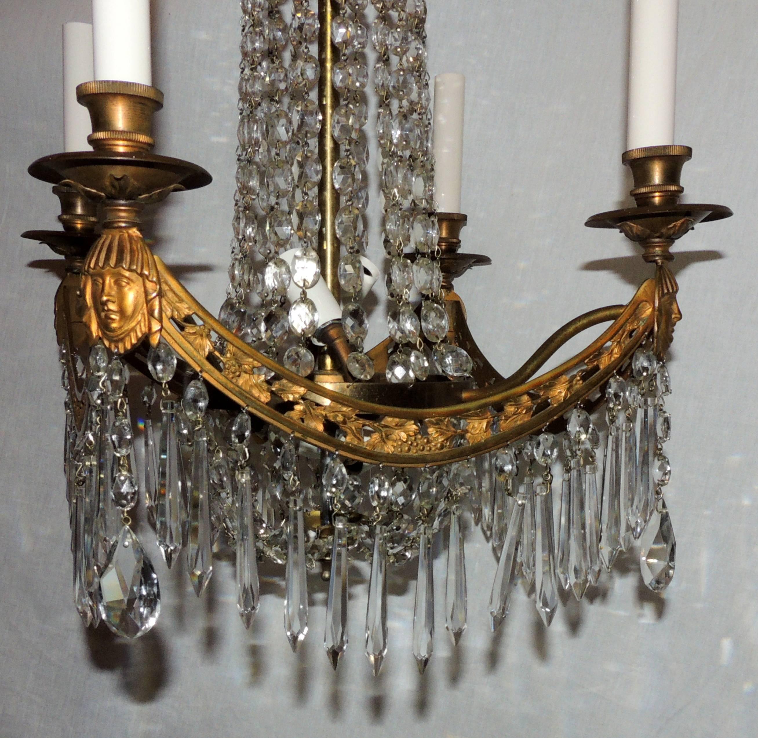Faceted Fine French Bronze Neoclassical Baltic Empire Crystal Square Basket Chandelier  For Sale
