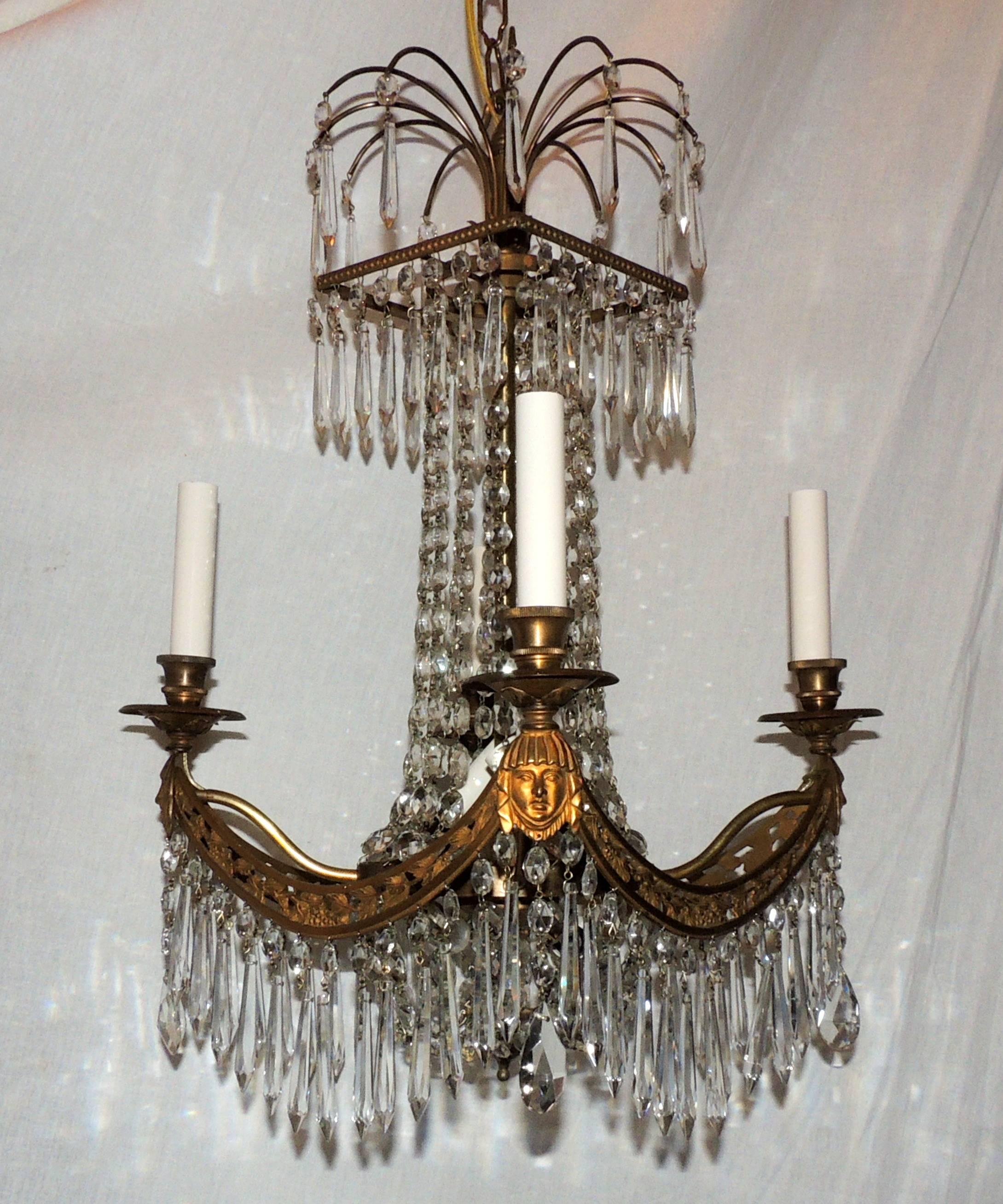 Fine French Bronze Neoclassical Baltic Empire Crystal Square Basket Chandelier  In Good Condition For Sale In Roslyn, NY