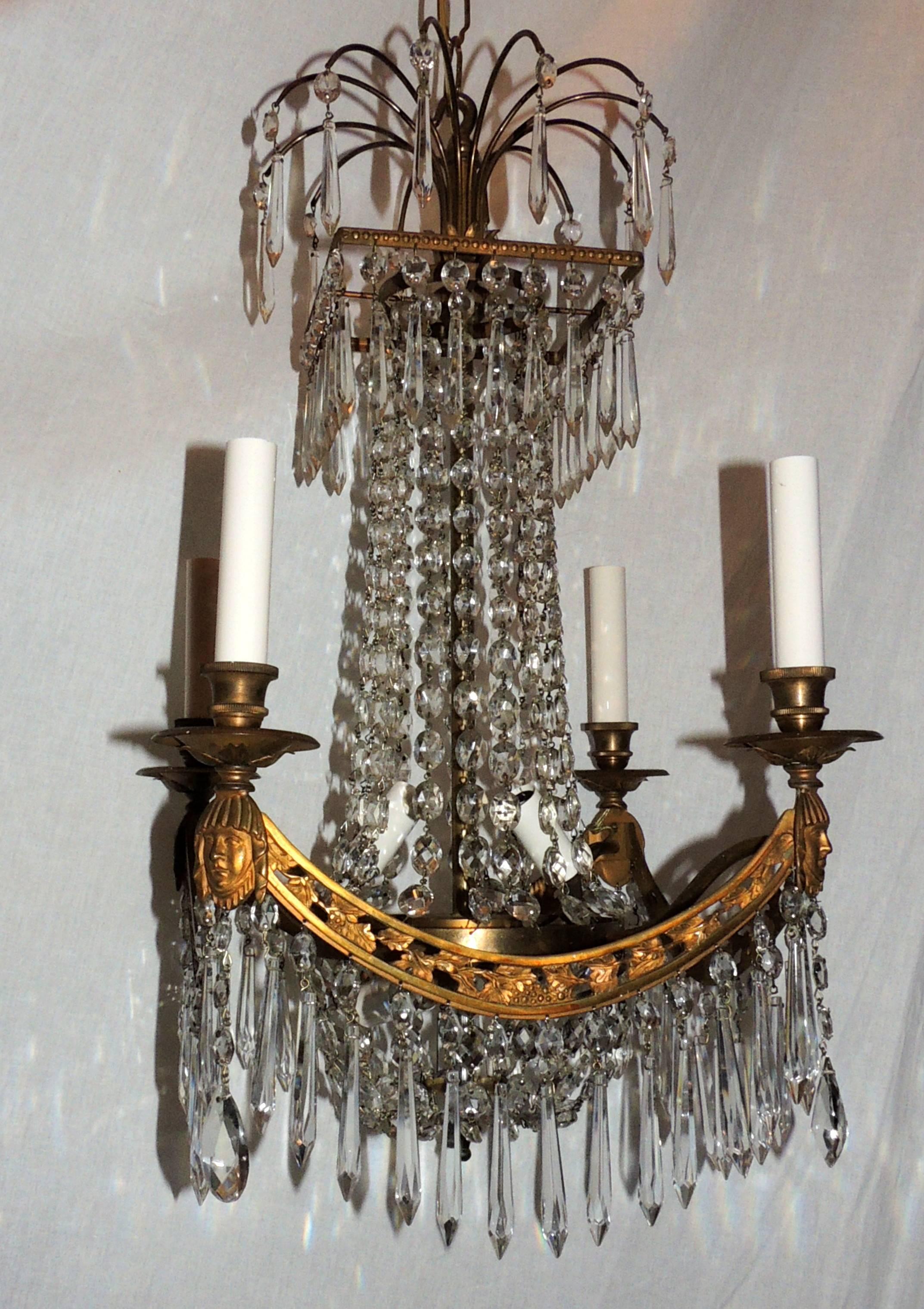 Fine French Bronze Neoclassical Baltic Empire Crystal Square Basket Chandelier  For Sale 3