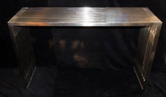 Mid-Century Modern Deco Brushed Nickel Slat Lucite Glass Top Console Tables Pair