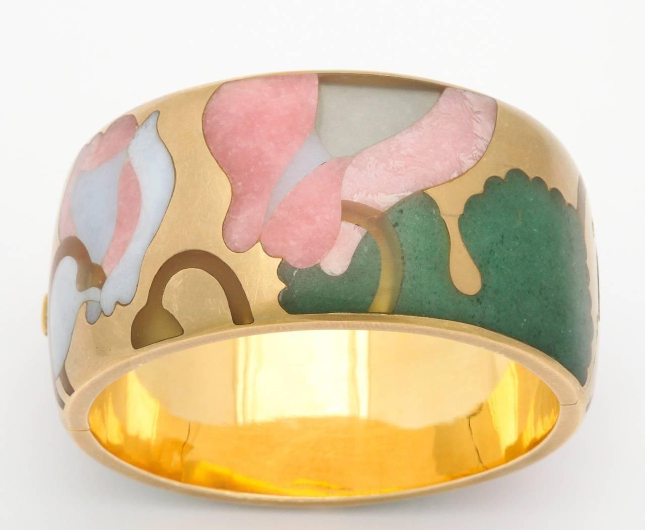 American Angela Cummings Tiffany & Co. Carved Stone Inlaid 18-Karat Gold Bracelet Bangle