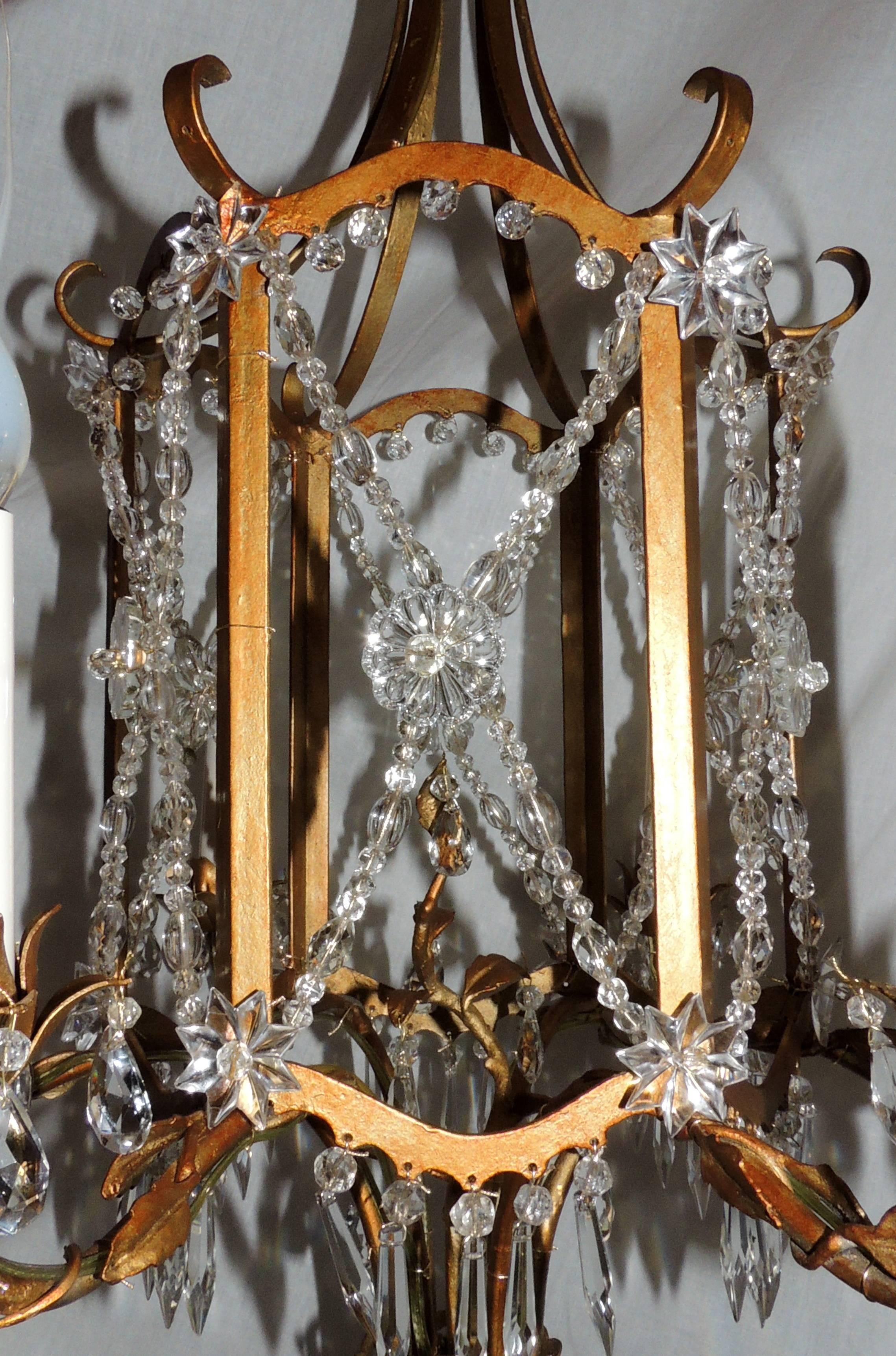 Mid-Century Modern French Beaded Gold Gilt Baguès Pagoda Form Six-Light Crystal Chandelier