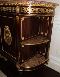 Louis XVI Marble Top French Bronze Ormolu Demilune Console Cabinet Sideboard