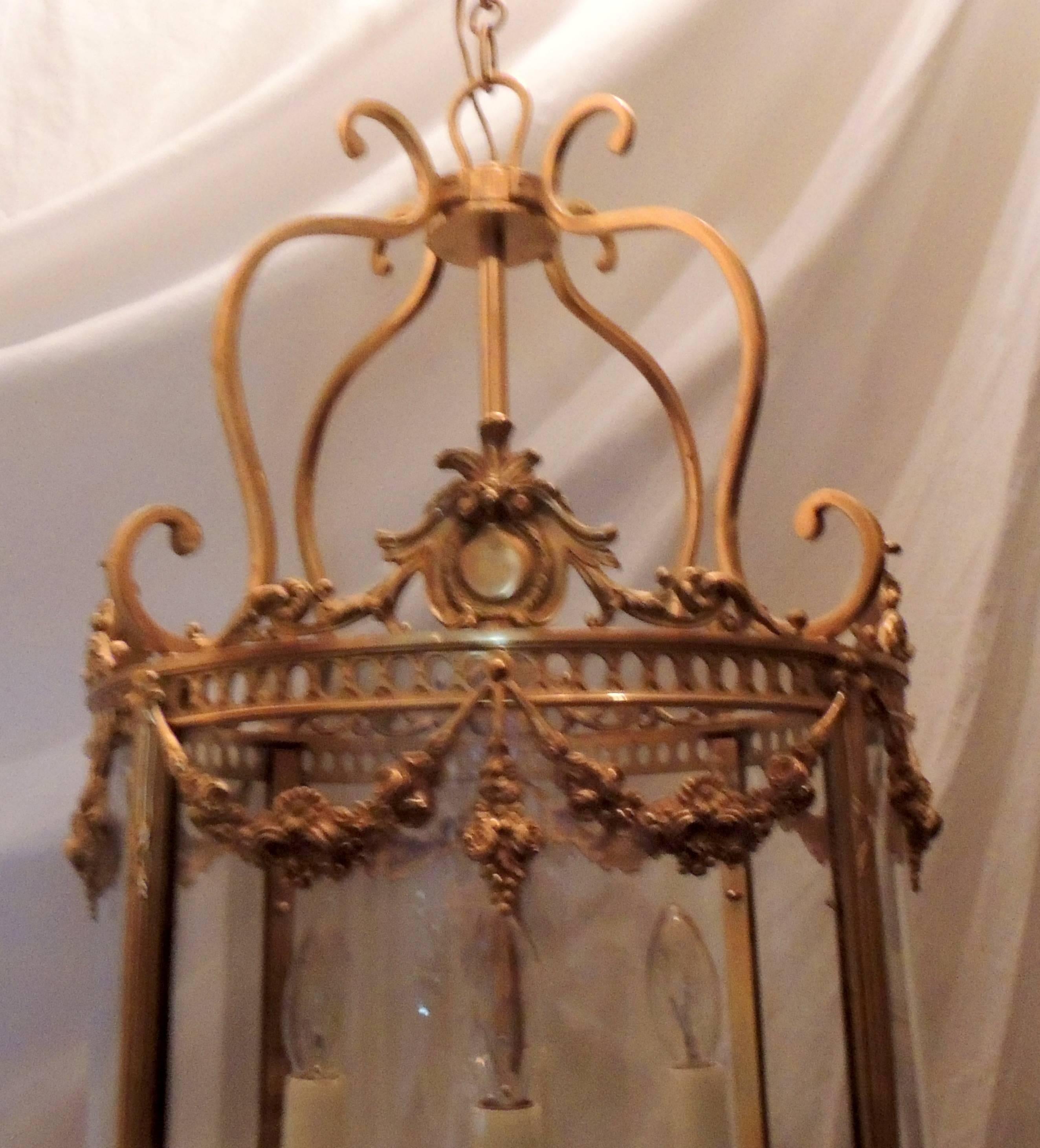 Louis XIV Ormolu Dore Gilt Bronze Swag Crest Four-Light Rounded Glass Lantern Fixture