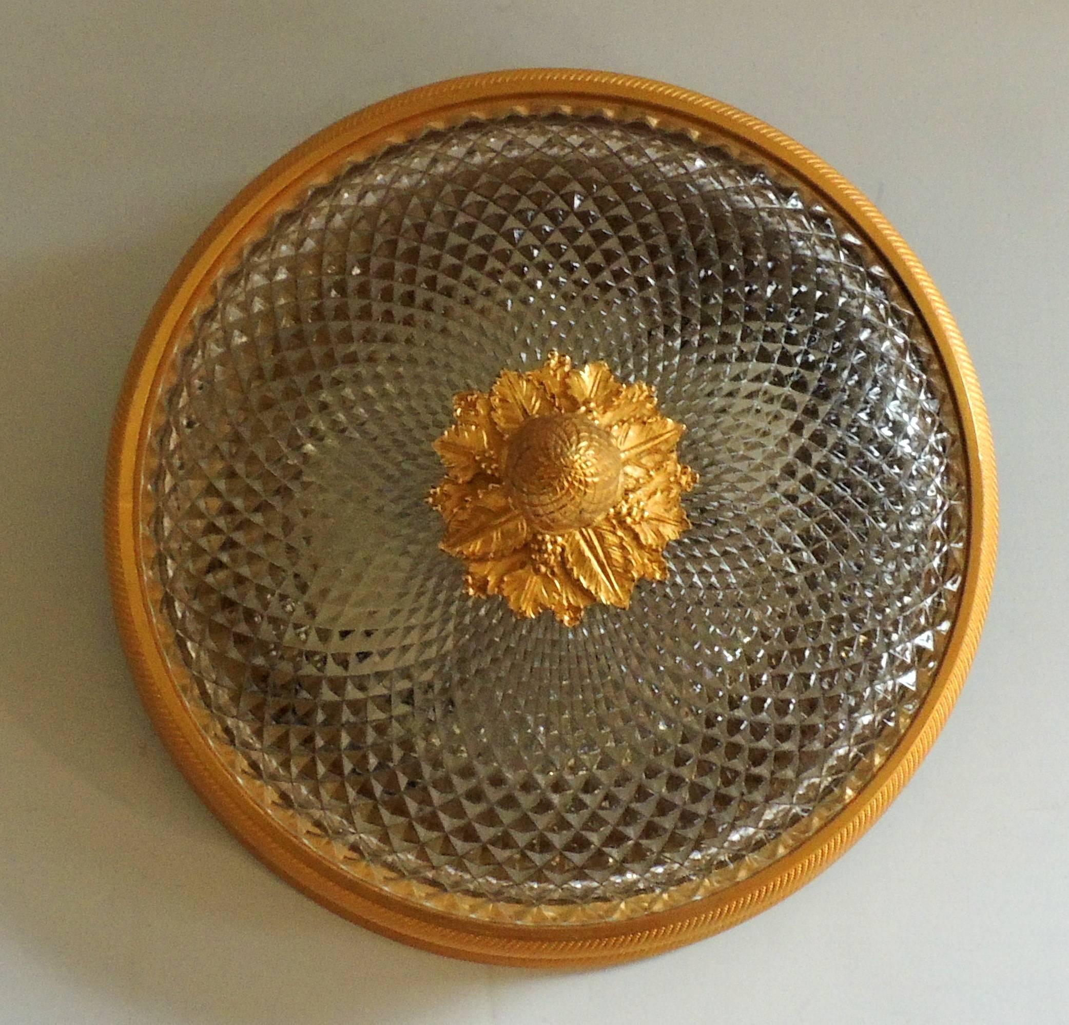 Neoclassical Set Four Sherle Wagner Knurled Dore Bronze Cut Crystal Flush Mount Fixture