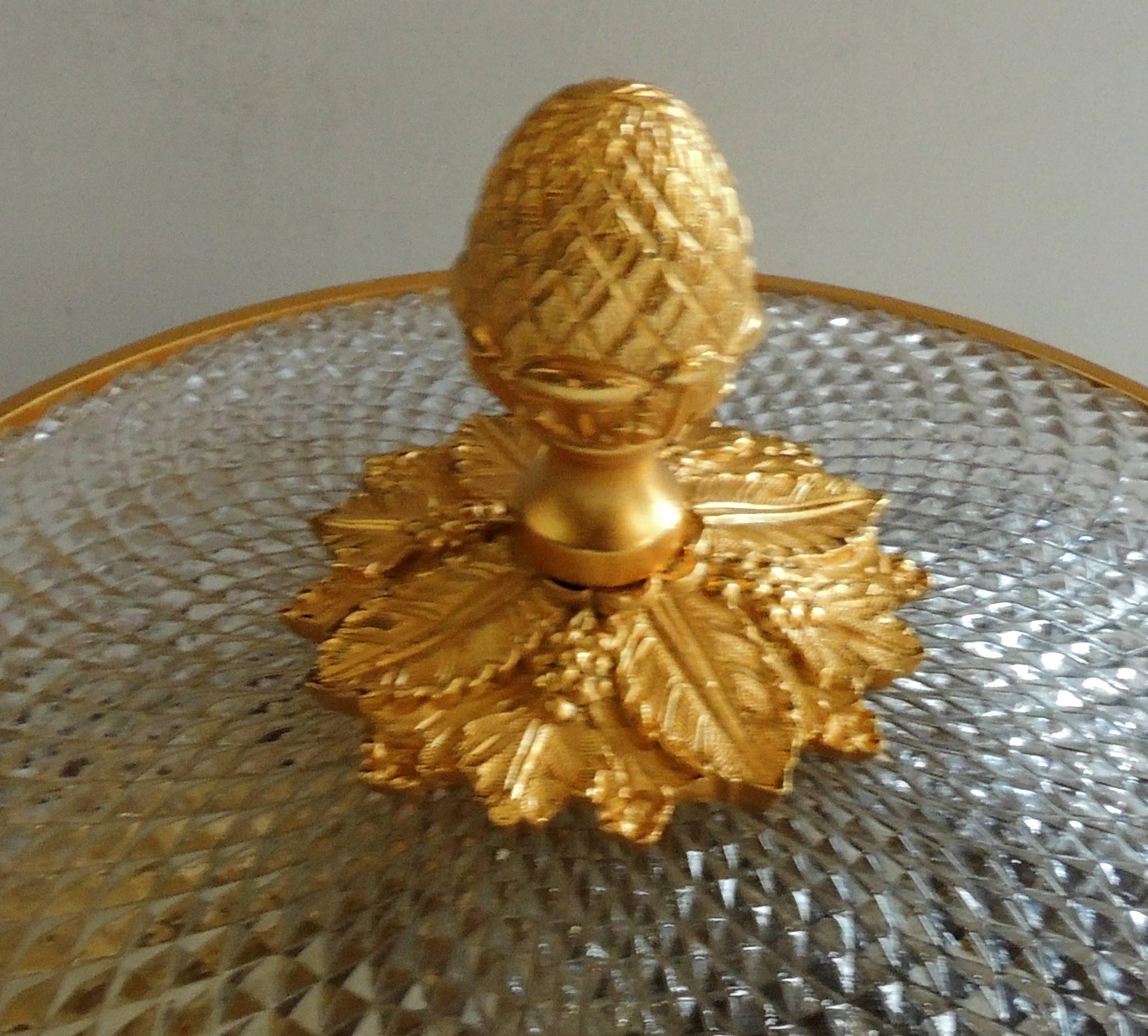 American Set Four Sherle Wagner Knurled Dore Bronze Cut Crystal Flush Mount Fixture