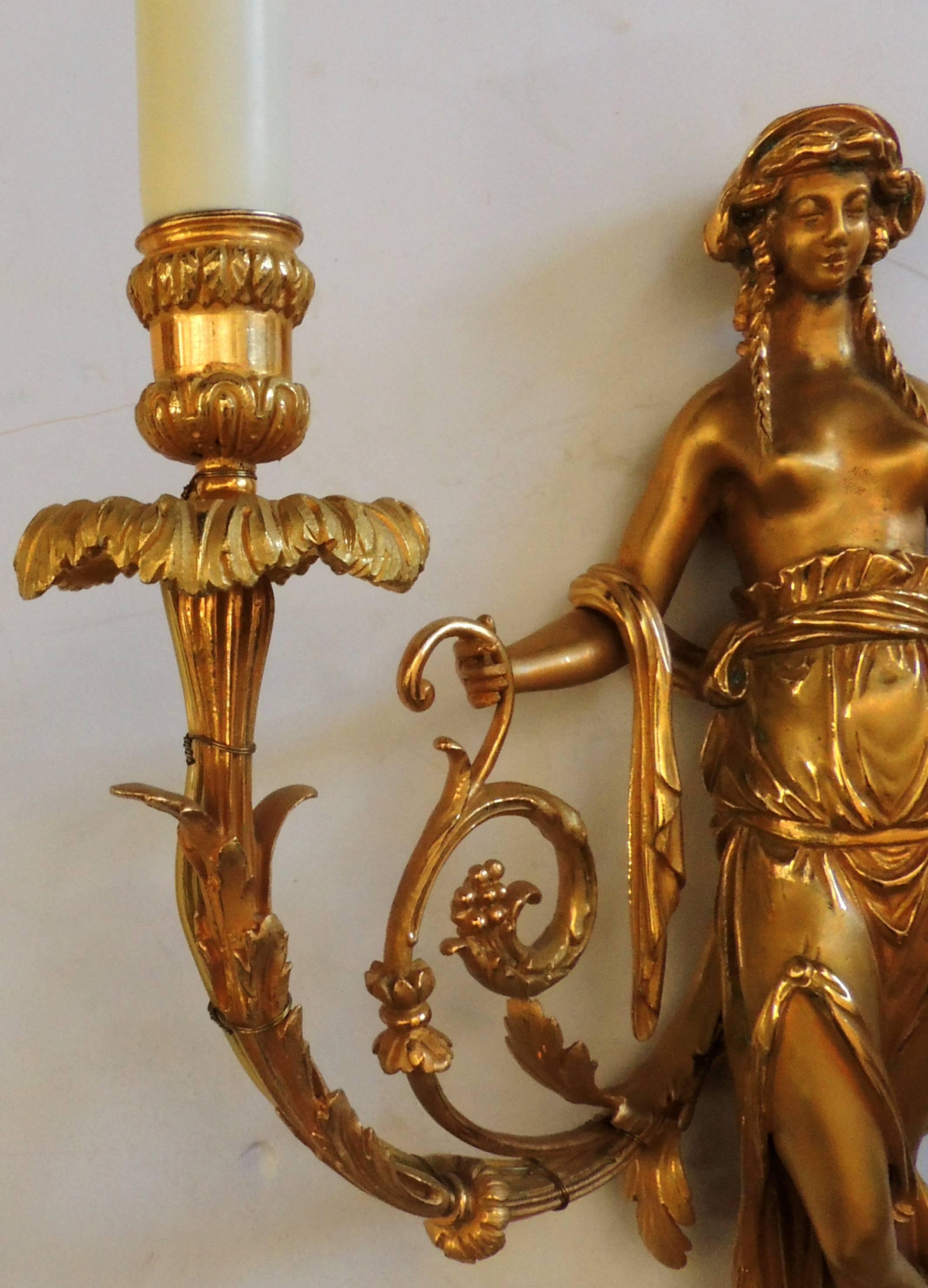 Wonderful Pair of French Doré Bronze Female Maiden Floral Garlands Swag Sconces In Good Condition In Roslyn, NY