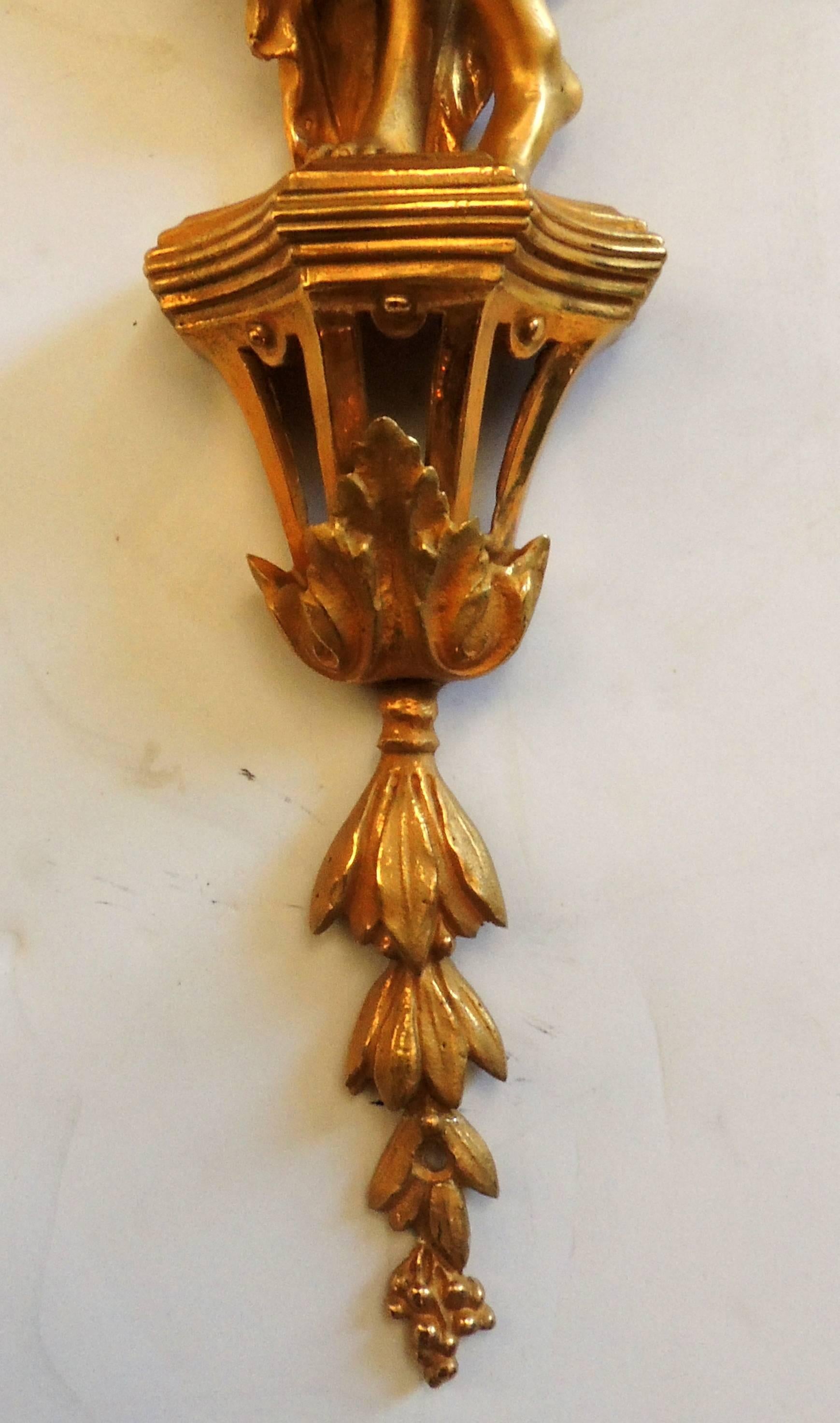 Wonderful Pair of French Doré Bronze Female Maiden Floral Garlands Swag Sconces 1