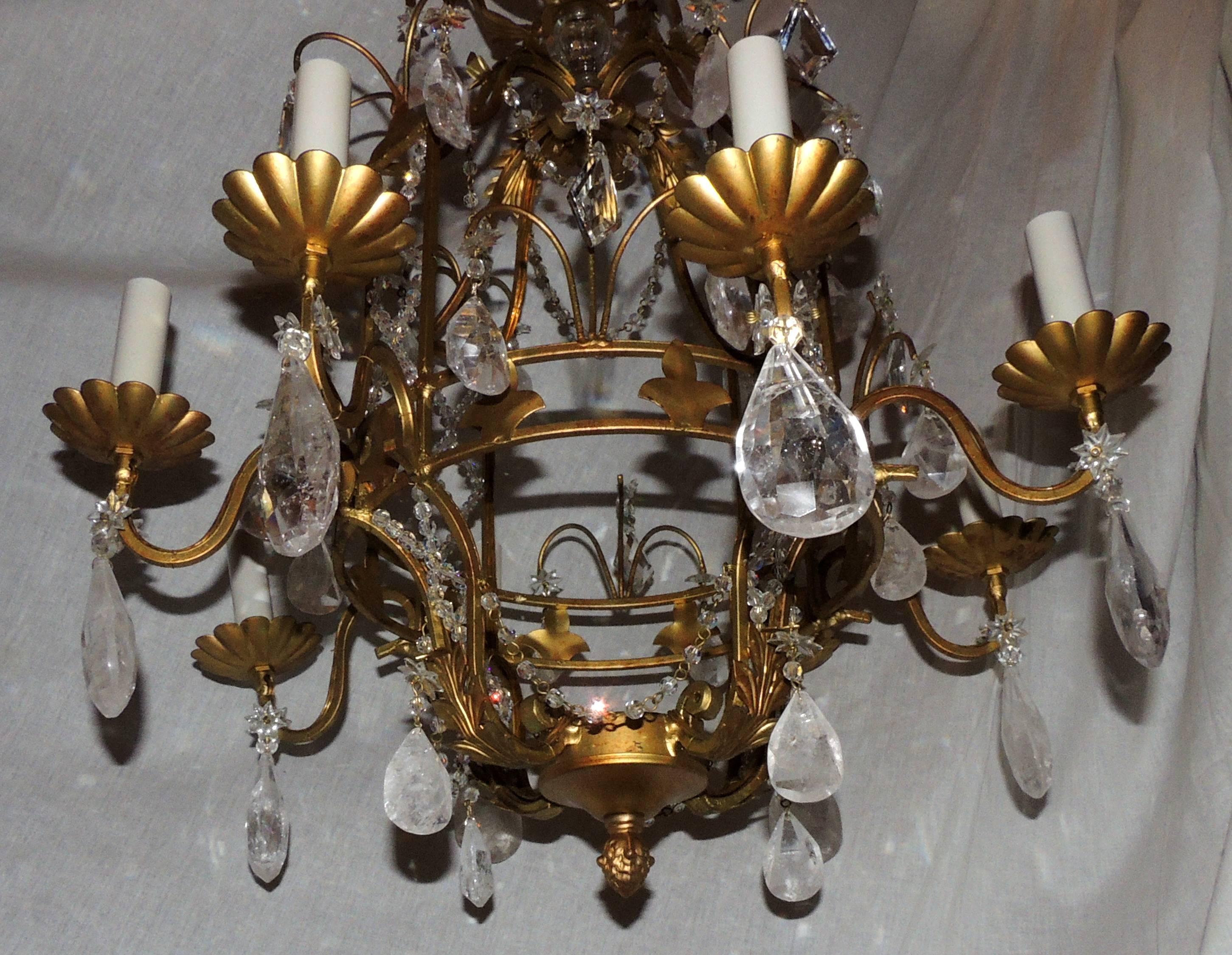 Mid-20th Century Wonderful French Bagues Beaded Lattice Rock Crystal Gold Gilt Pagoda Chandelier For Sale