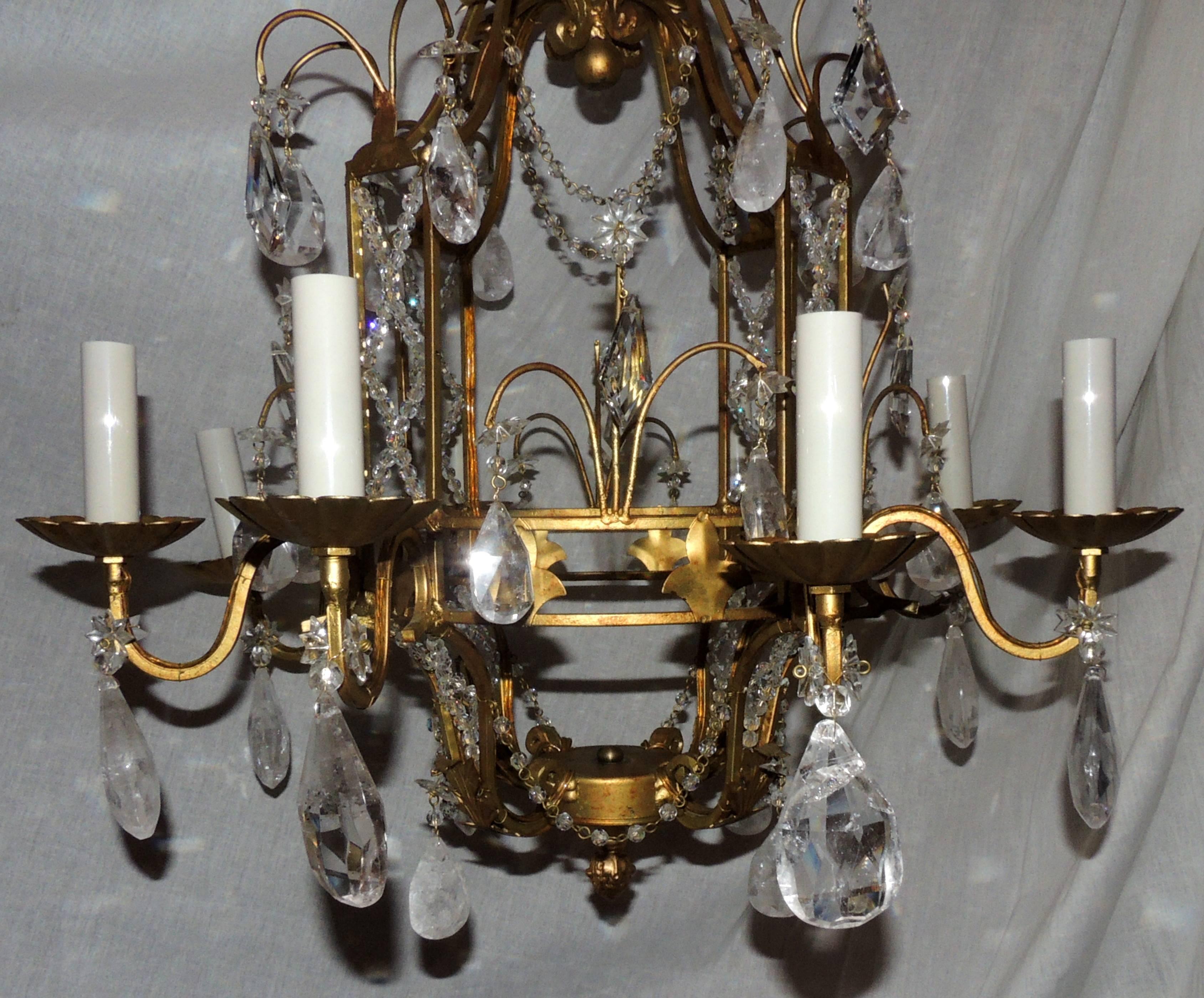 Wonderful French Bagues Beaded Lattice Rock Crystal Gold Gilt Pagoda Chandelier For Sale 1