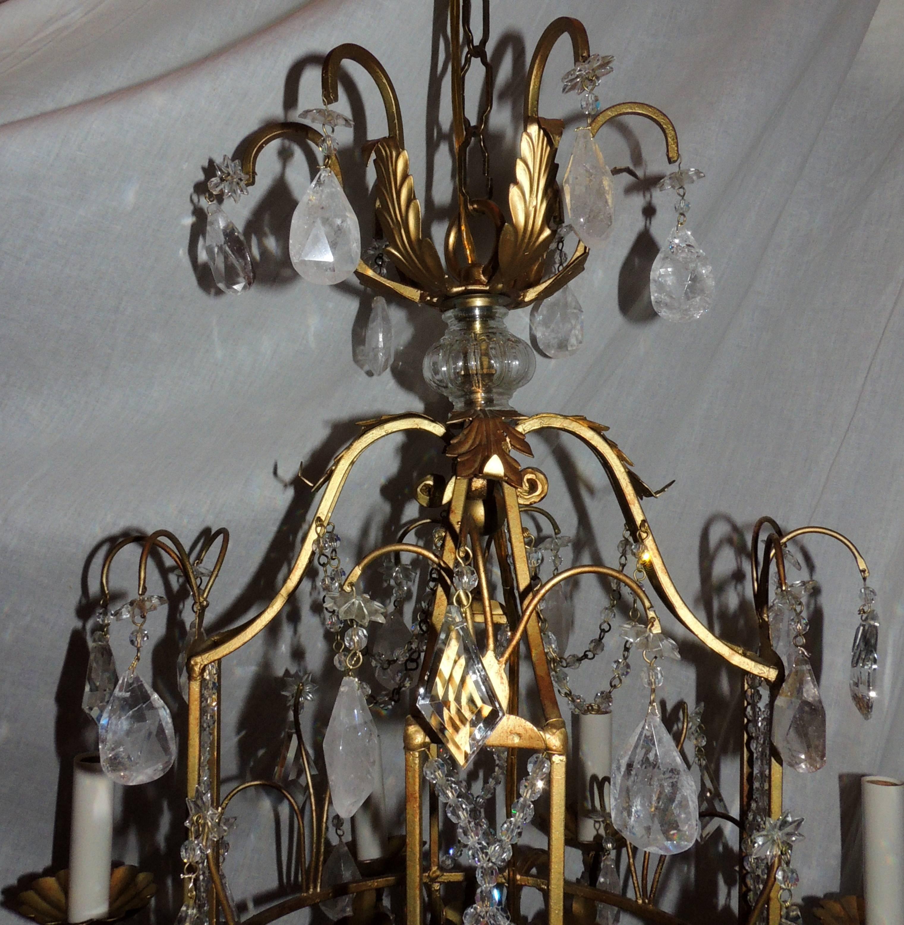 Wonderful French Bagues Beaded Lattice Rock Crystal Gold Gilt Pagoda Chandelier In Good Condition For Sale In Roslyn, NY