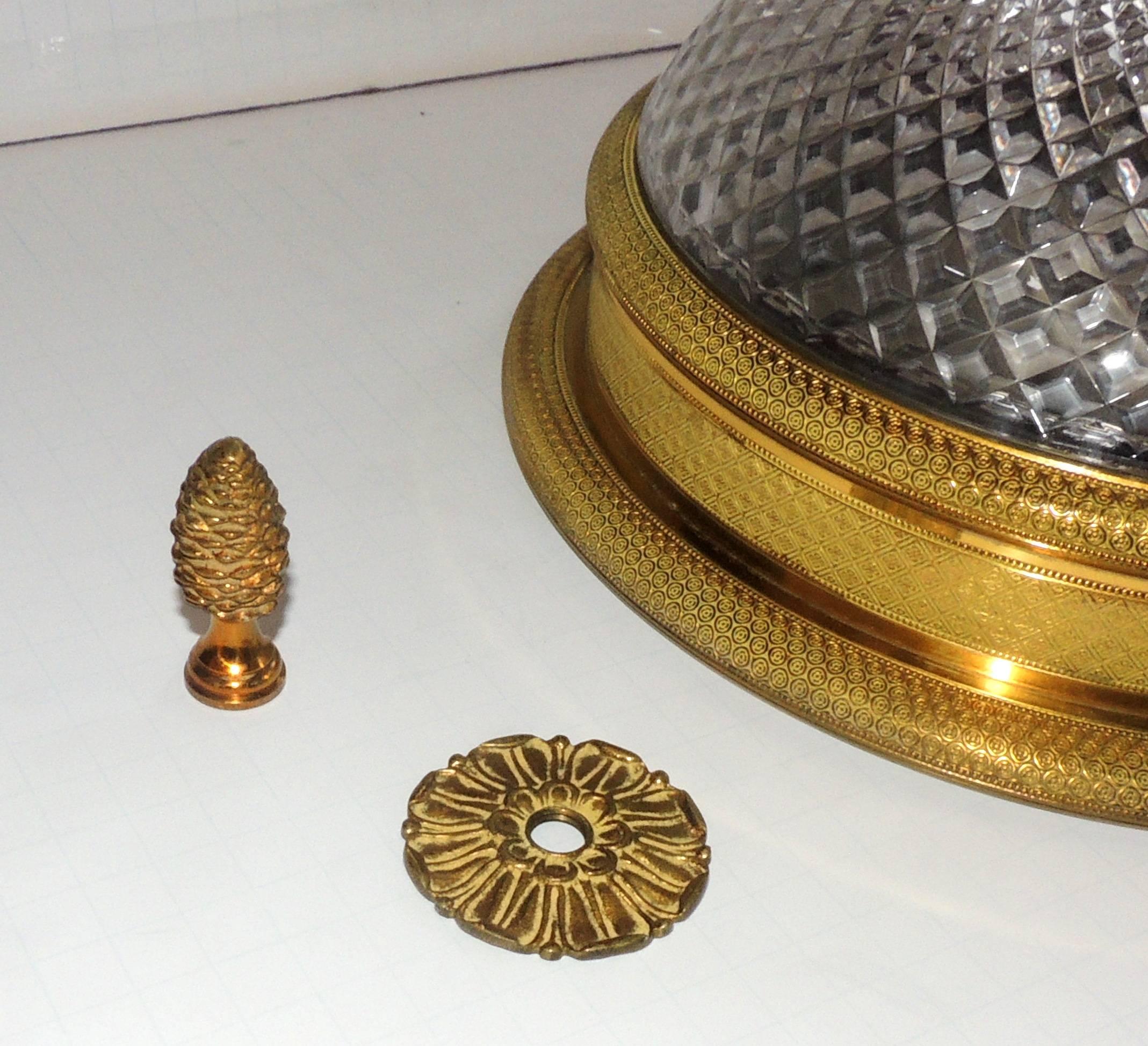 Faceted French Set Four Dore Bronze Cut Crystal Globe Flush Mount Chandeliers Fixtures