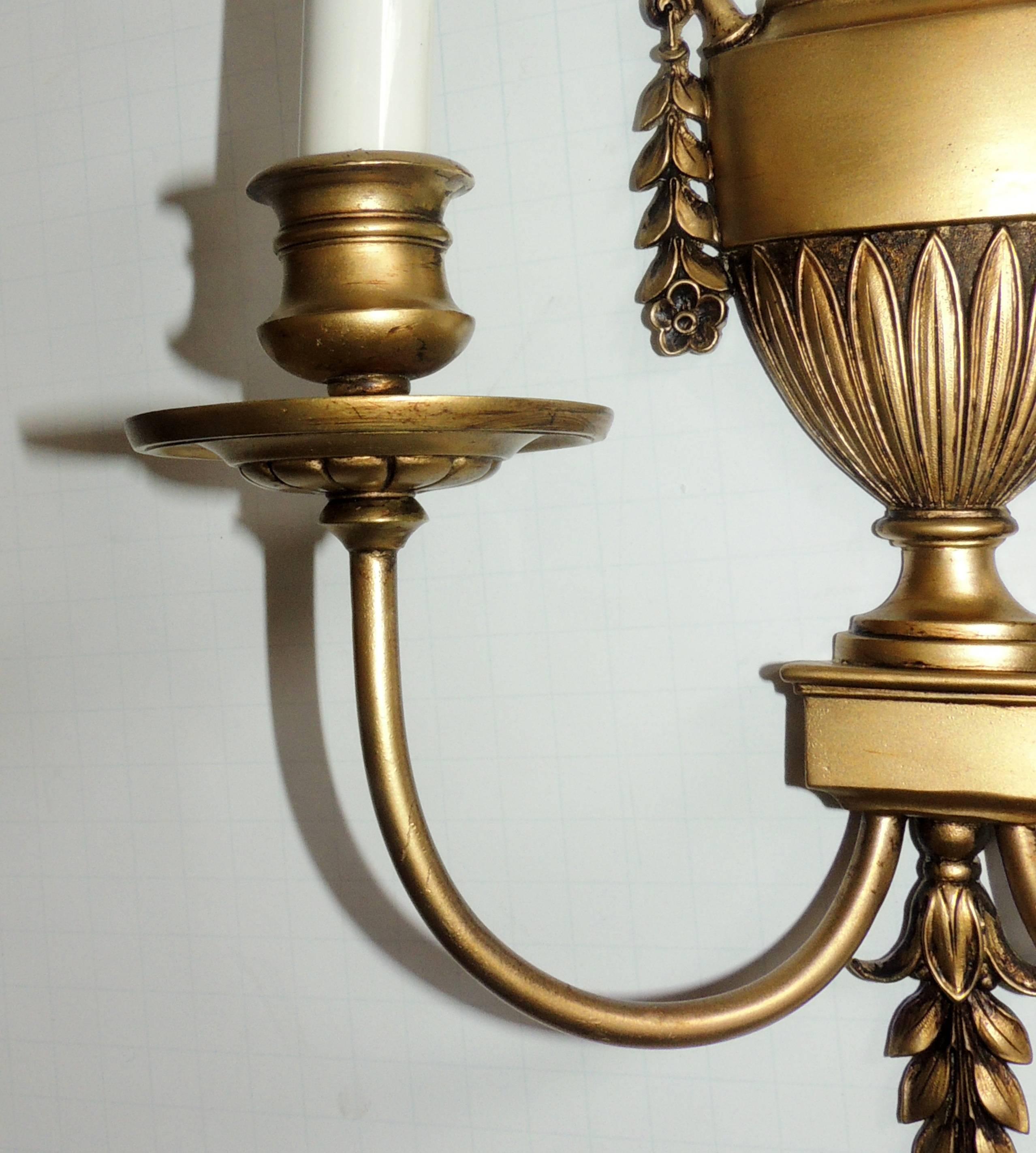 Gilt Wonderful Regency Neoclassical Pair Urn Form Bronze Empire E.F. Caldwell Sconces For Sale