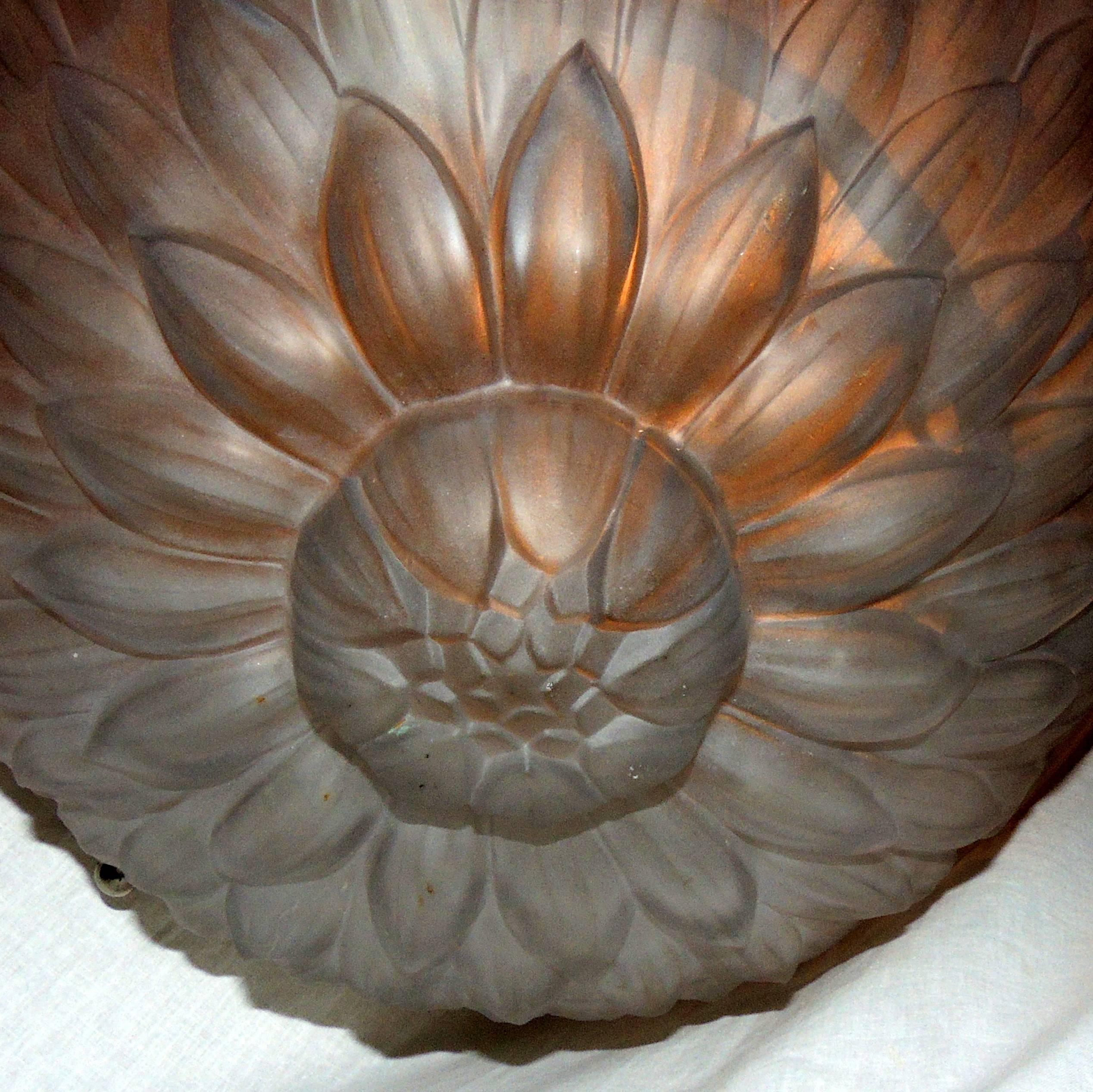 Mid-20th Century Wonderful French Art Deco Frosted Glass Brushed Nickel Bronze Flower Fixture