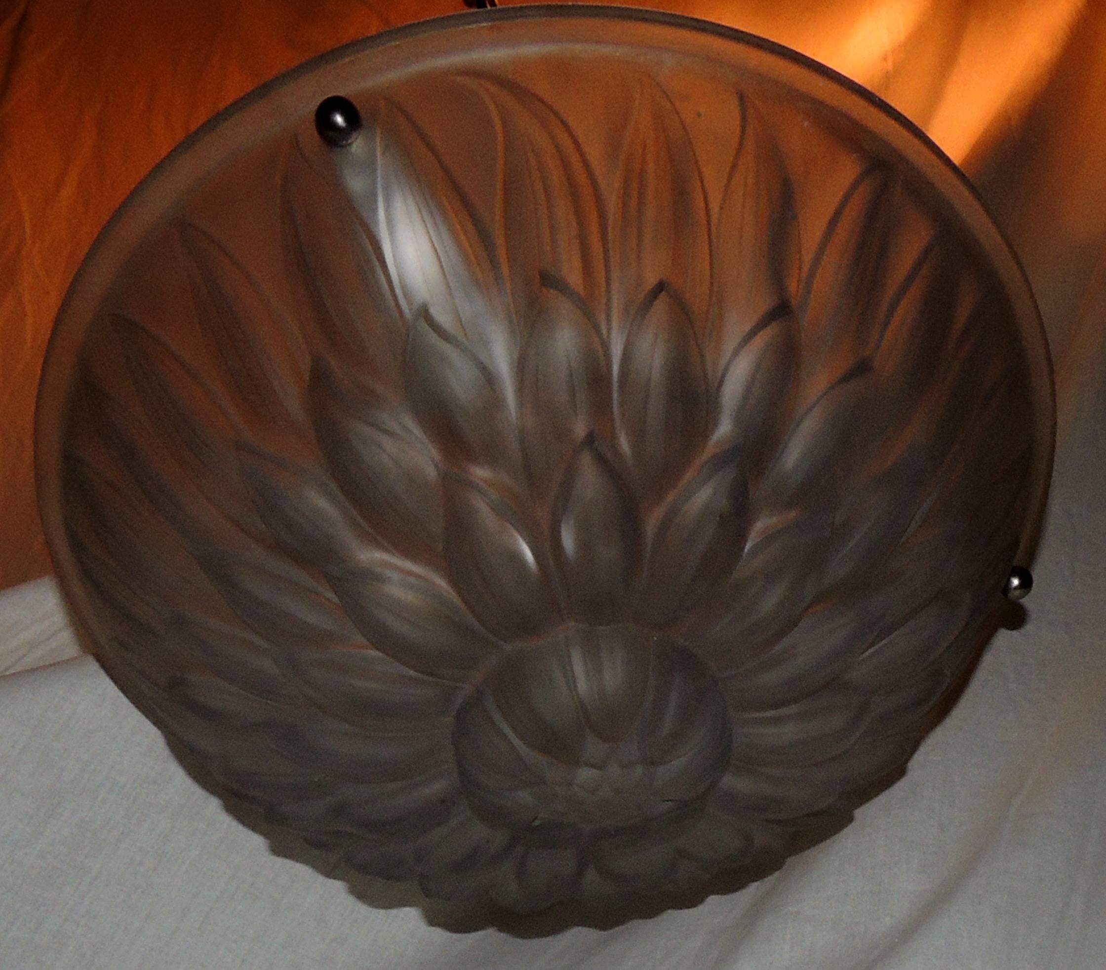 Wonderful French Art Deco Frosted Glass Brushed Nickel Bronze Flower Fixture In Good Condition In Roslyn, NY