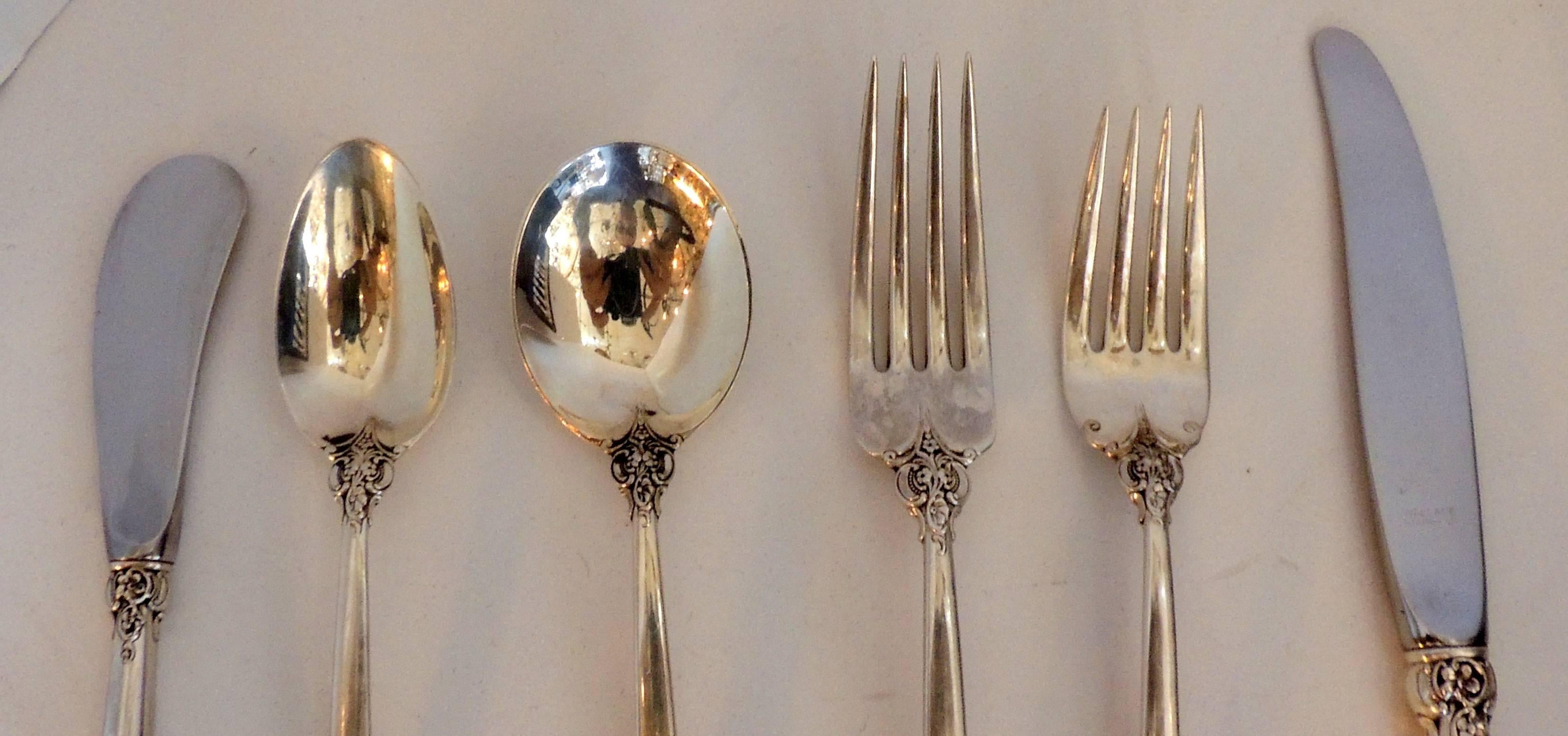 American Wallace Sterling Silver Flatware for Eight Grande Baroque Pattern 48 Pieces