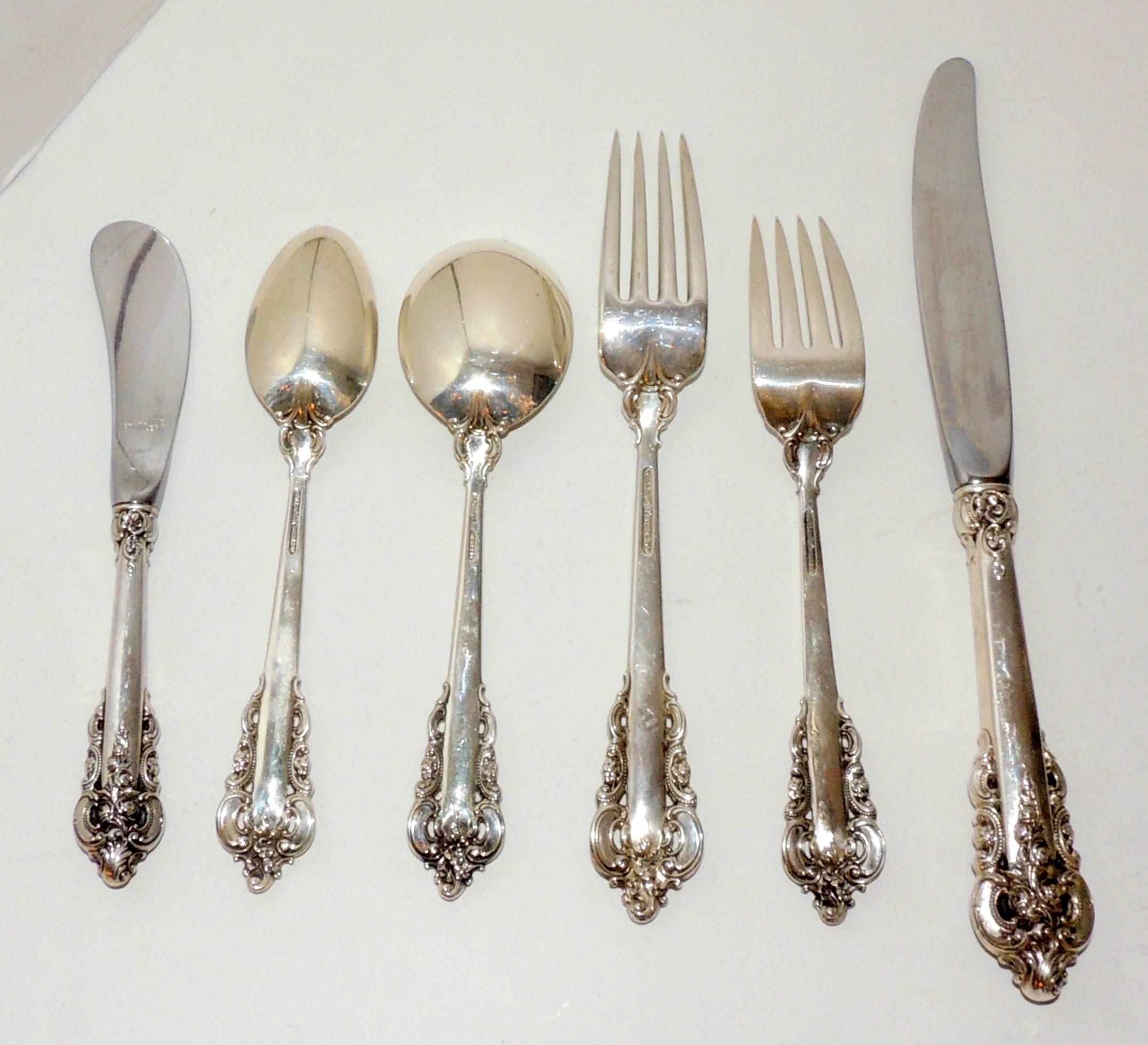 Wallace Sterling Silver Flatware for Eight Grande Baroque Pattern 48 Pieces In Good Condition In Roslyn, NY