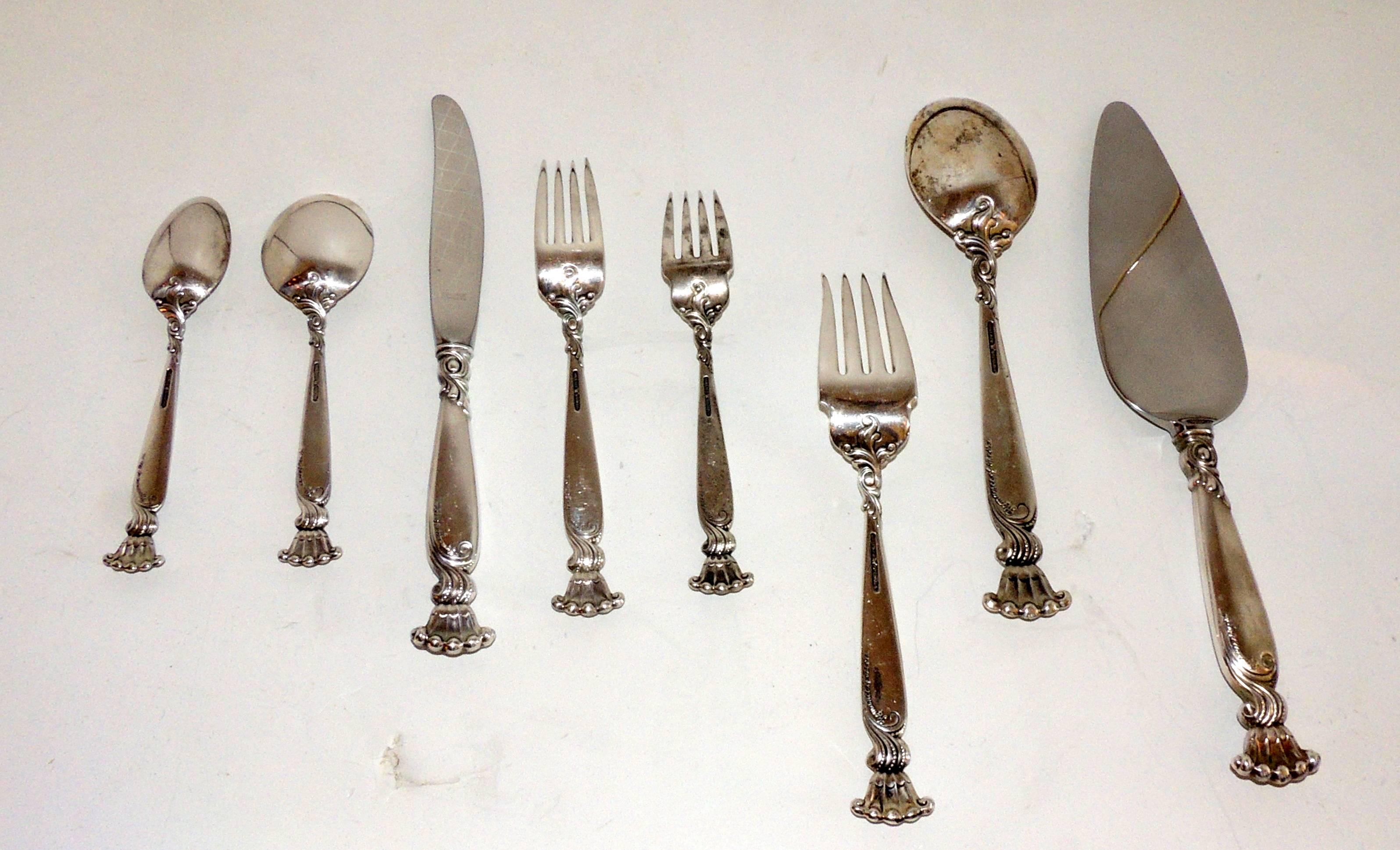 Romantic Wallace Sterling Silver Flatware Service 12 Romance of the Sea Pattern 63 Pieces