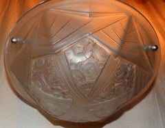 French Art Deco Frosted Glass Pendent Semi Flush Three-Light Gilt Fixture