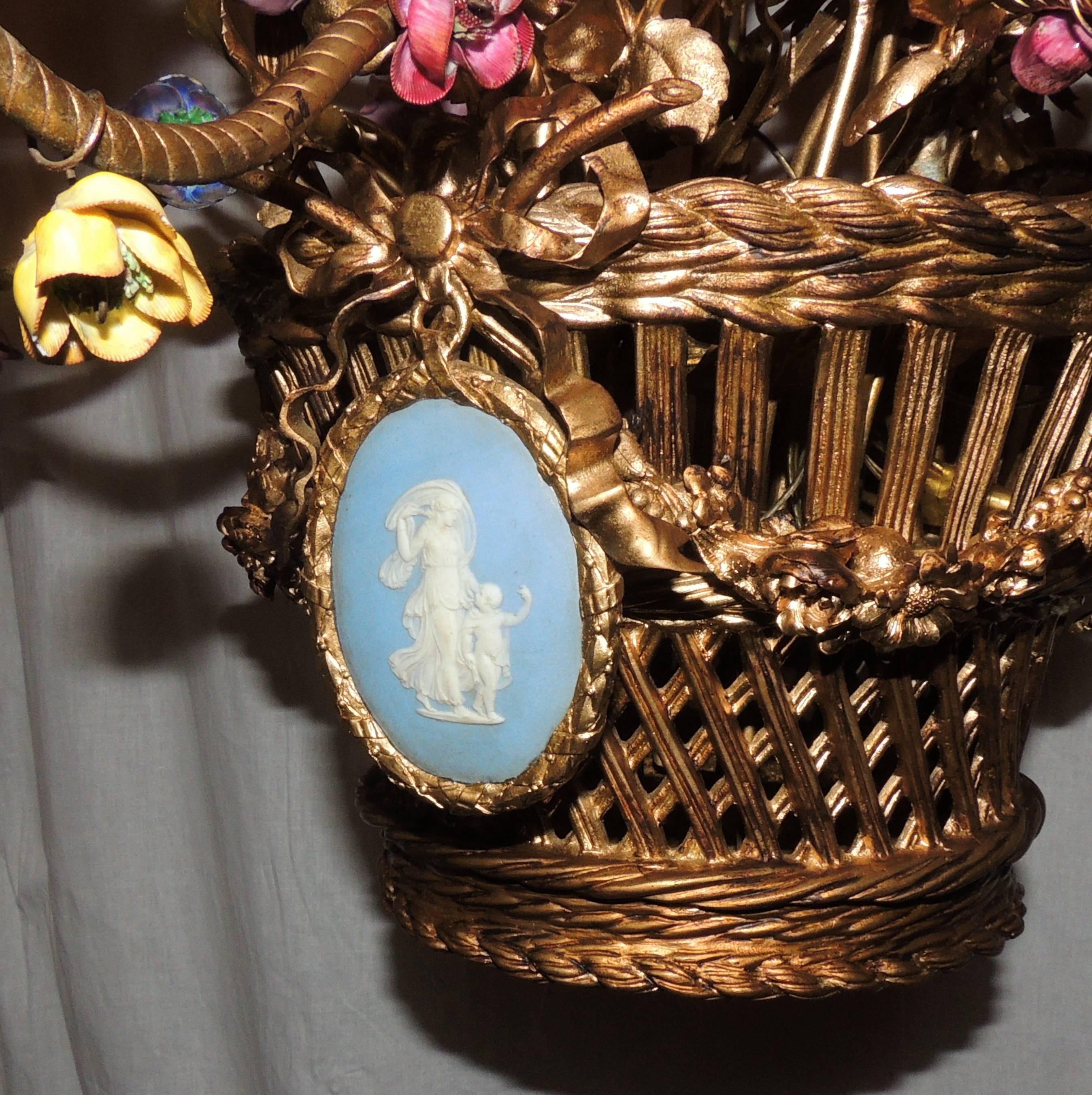 Belle Époque Wonderful French Bronze Porcelain Flower Woven Basket Wedgwood Ormolu Chandelier