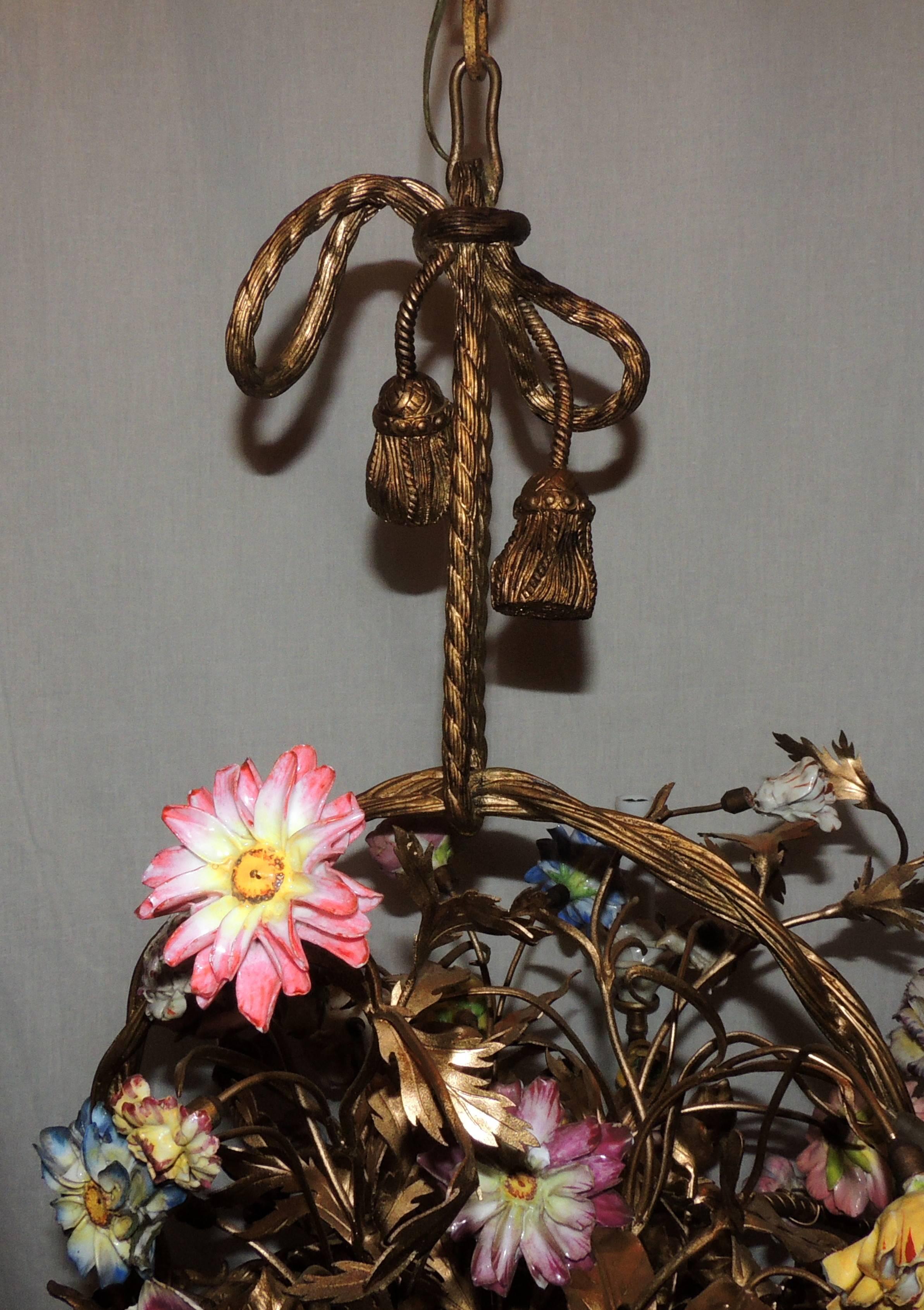 Wonderful French Bronze Porcelain Flower Woven Basket Wedgwood Ormolu Chandelier In Good Condition In Roslyn, NY