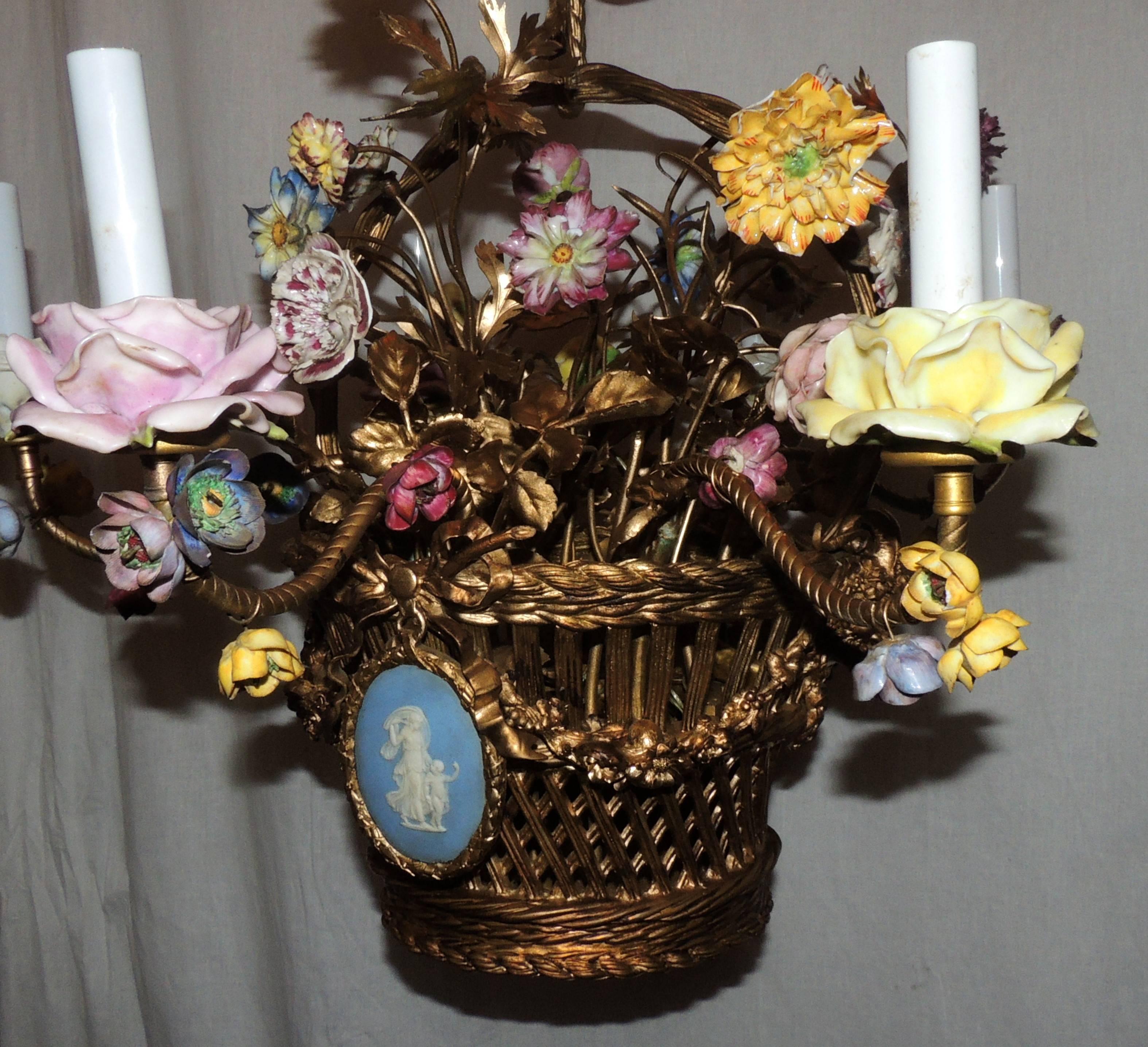 Mid-20th Century Wonderful French Bronze Porcelain Flower Woven Basket Wedgwood Ormolu Chandelier