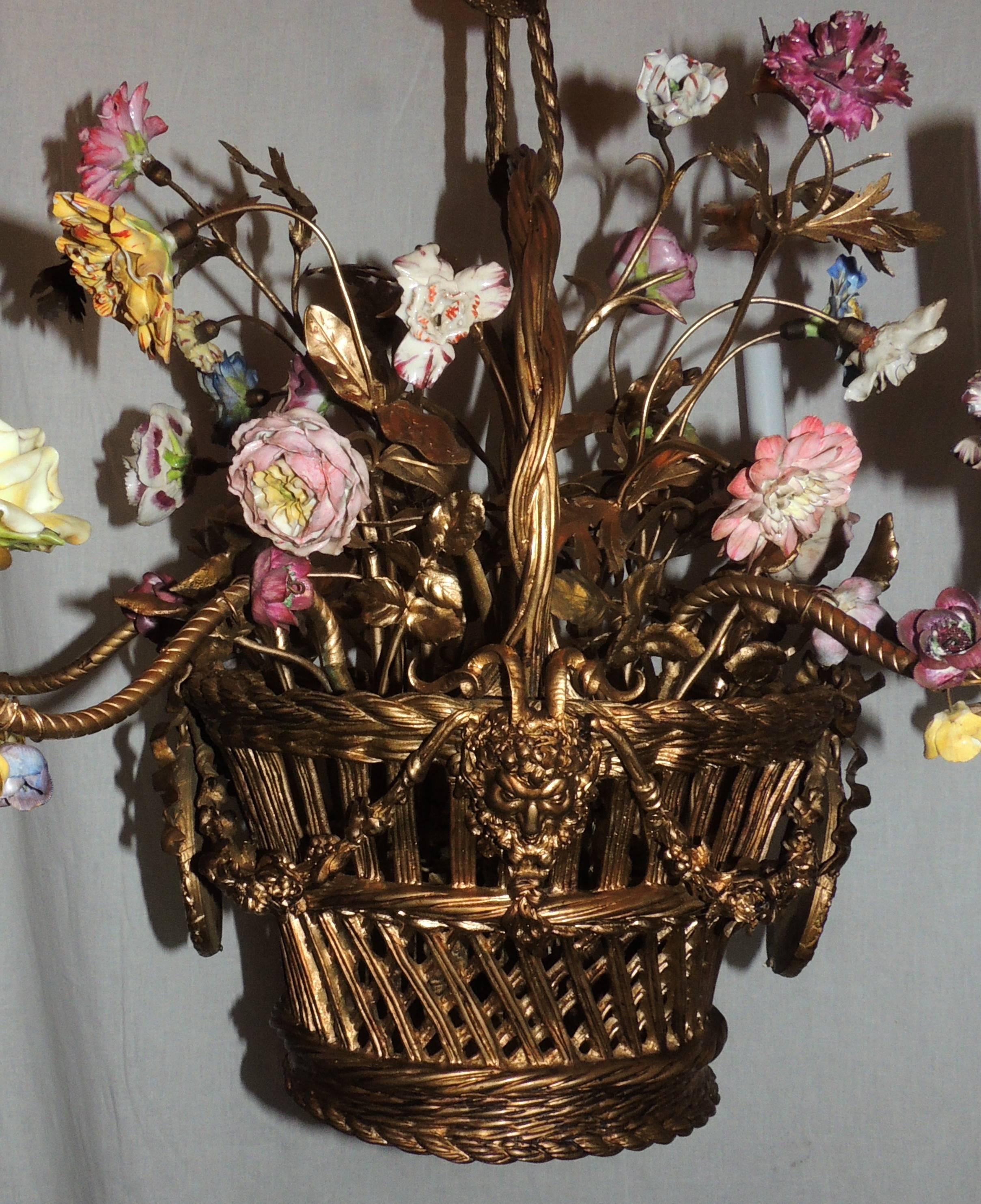 Wonderful French Bronze Porcelain Flower Woven Basket Wedgwood Ormolu Chandelier 1