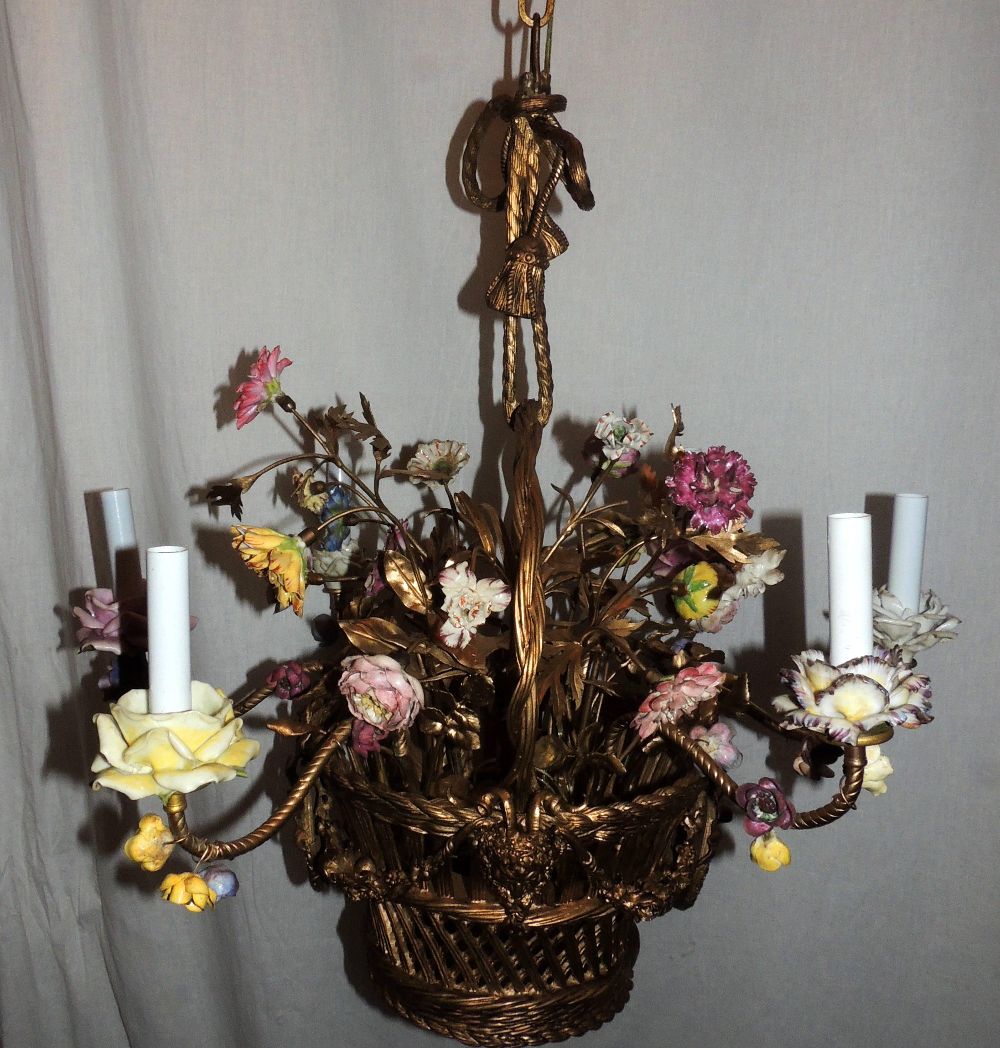 Wonderful French Bronze Porcelain Flower Woven Basket Wedgwood Ormolu Chandelier 2