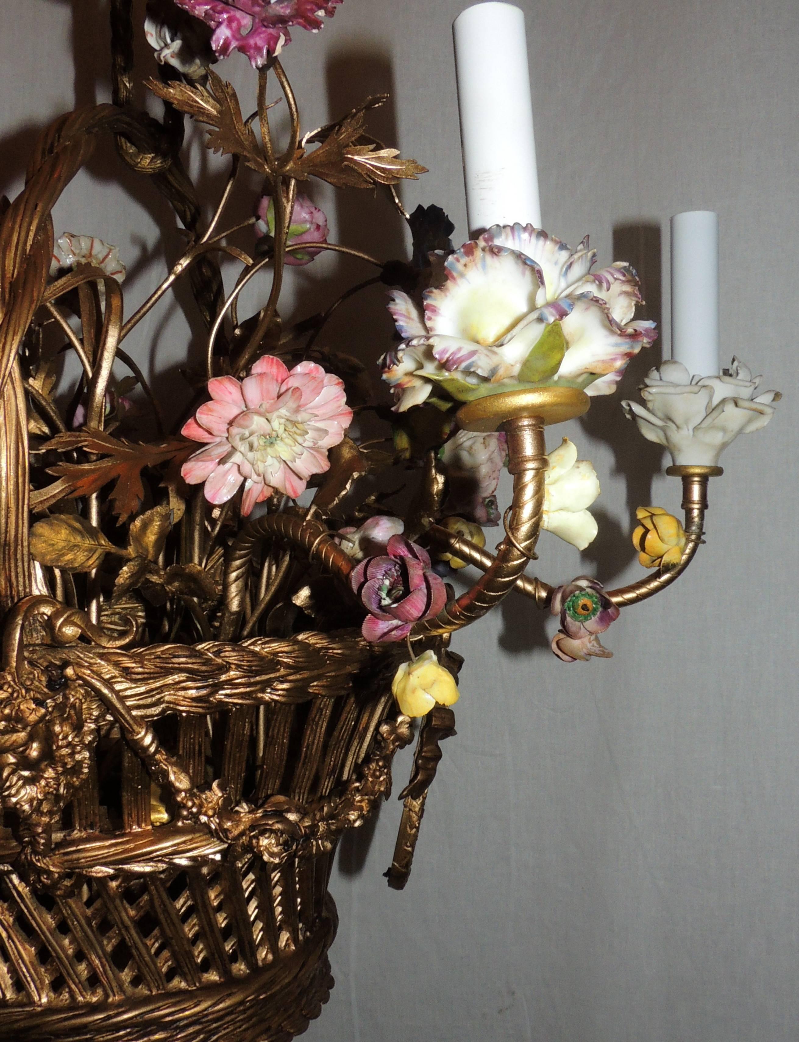 Wonderful French Bronze Porcelain Flower Woven Basket Wedgwood Ormolu Chandelier 3