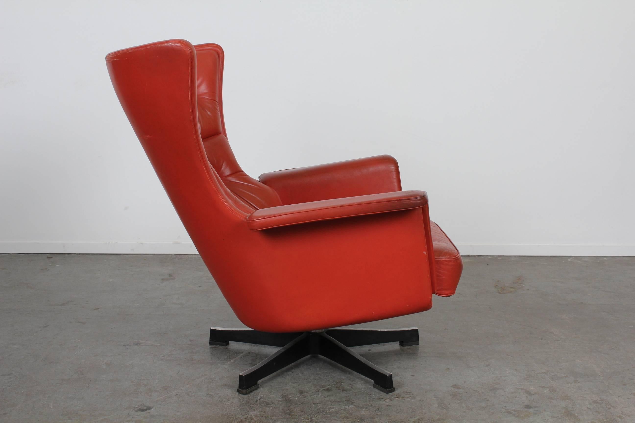 Swedish Mid-Century Modern Red Leather Swivel Chair