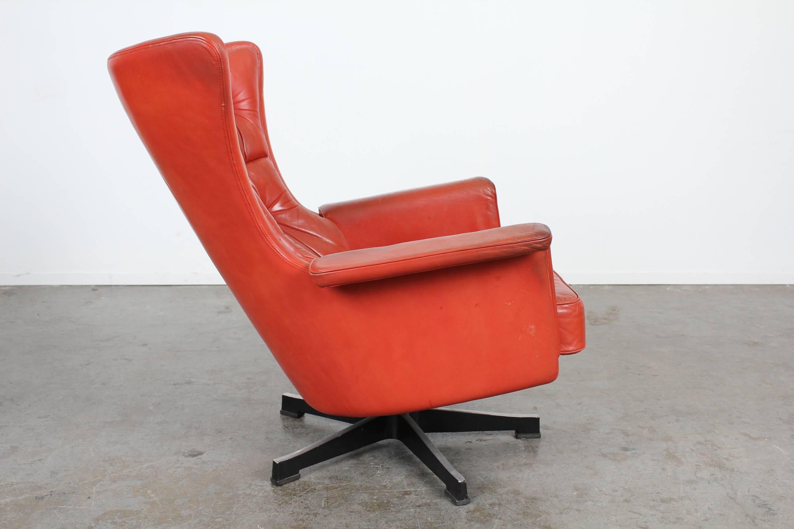 Swedish Mid-Century Modern Red Leather Swivel Chair
