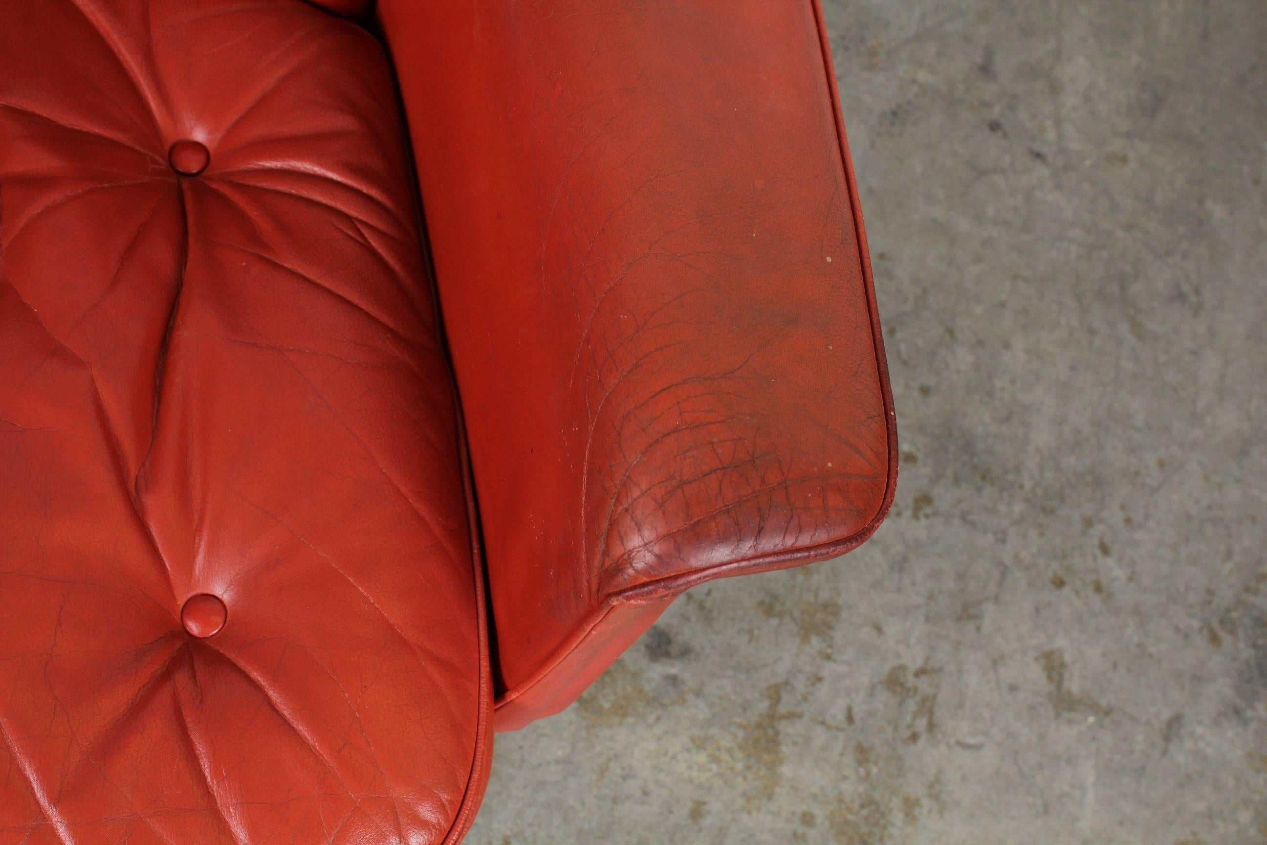 Chrome Mid-Century Modern Red Leather Swivel Chair