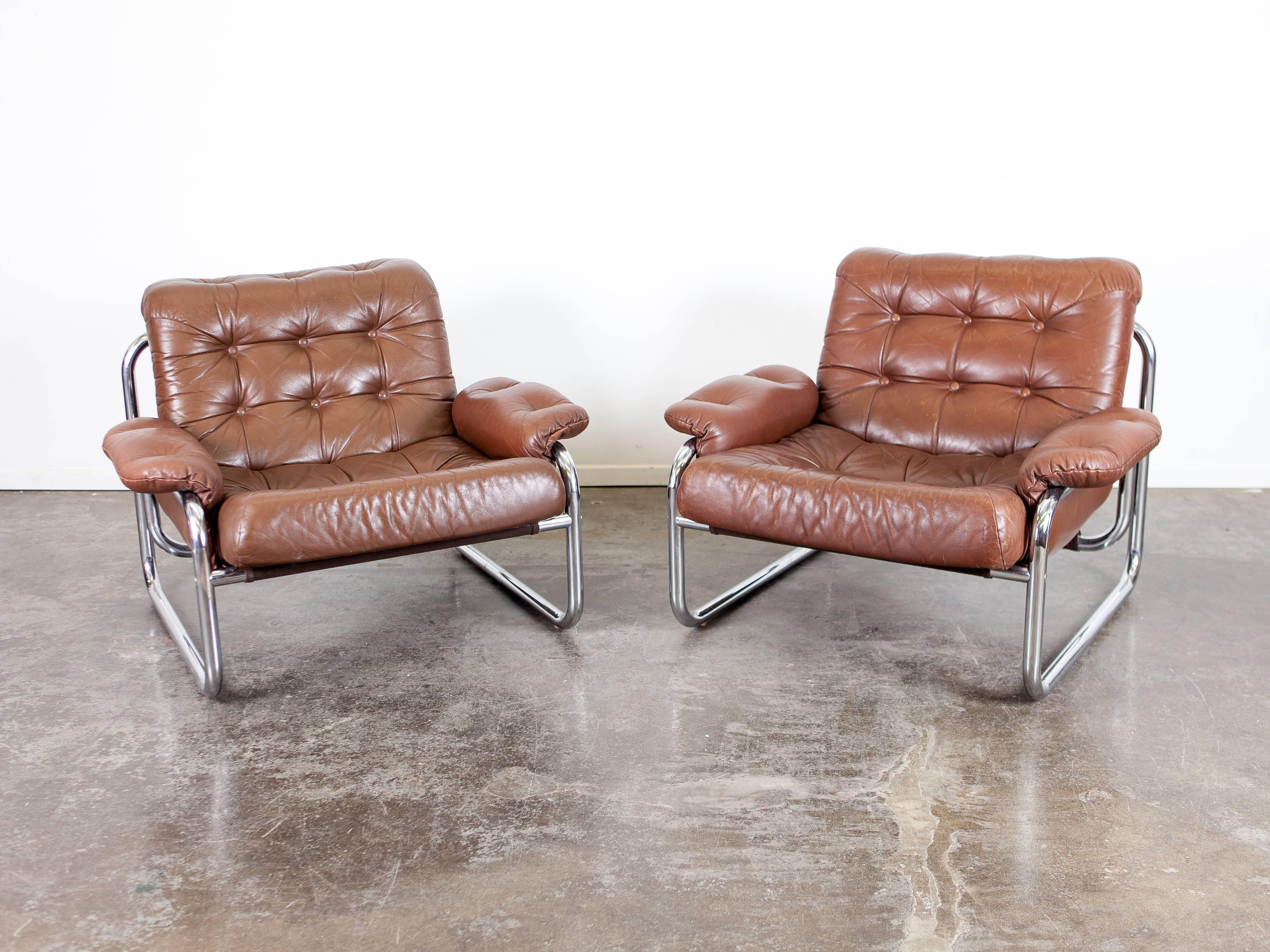 Mid-Century Modern Pair of Johan Bertil Häggström, 1970s Leather Lounge Chairs