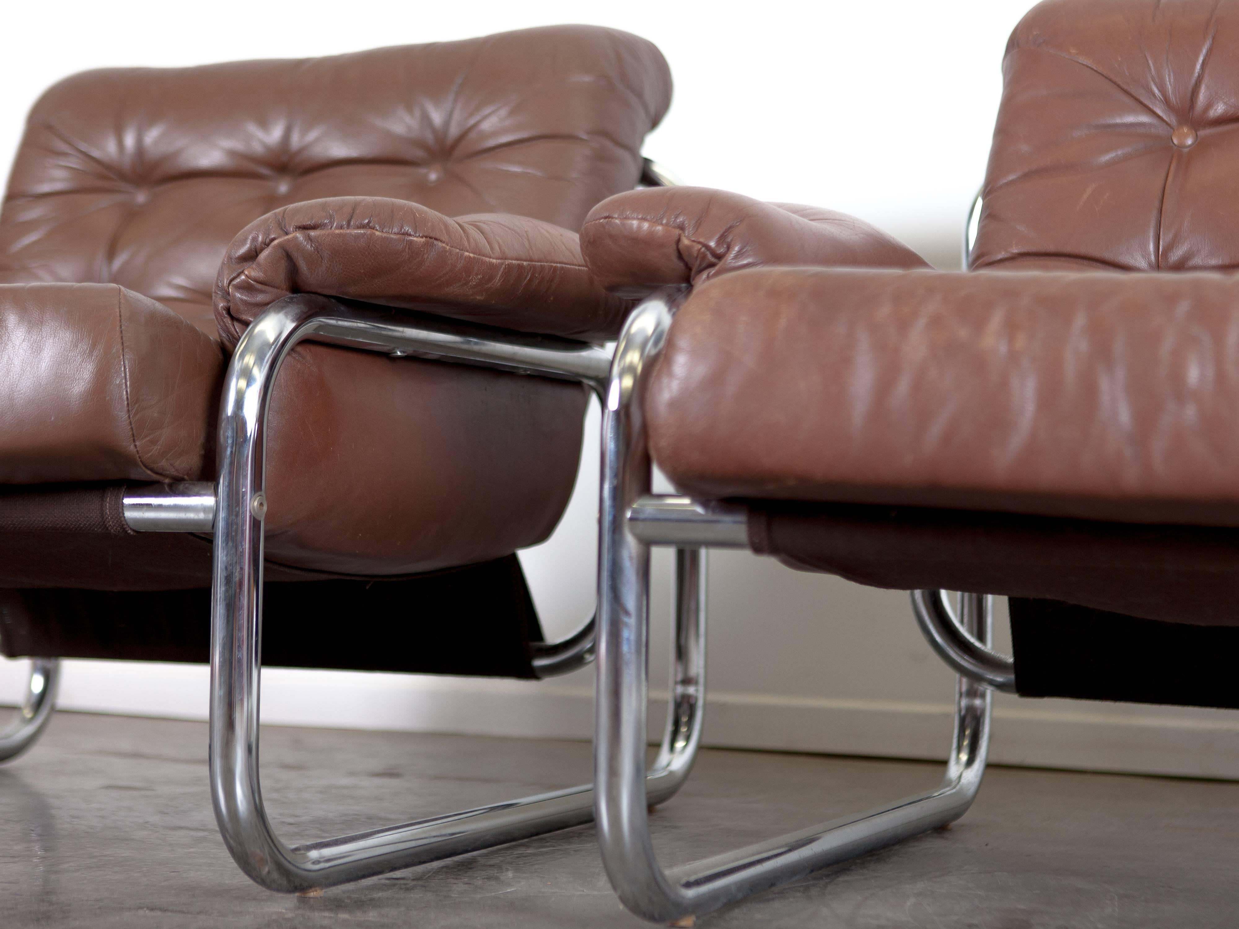 Swedish Pair of Johan Bertil Häggström, 1970s Leather Lounge Chairs