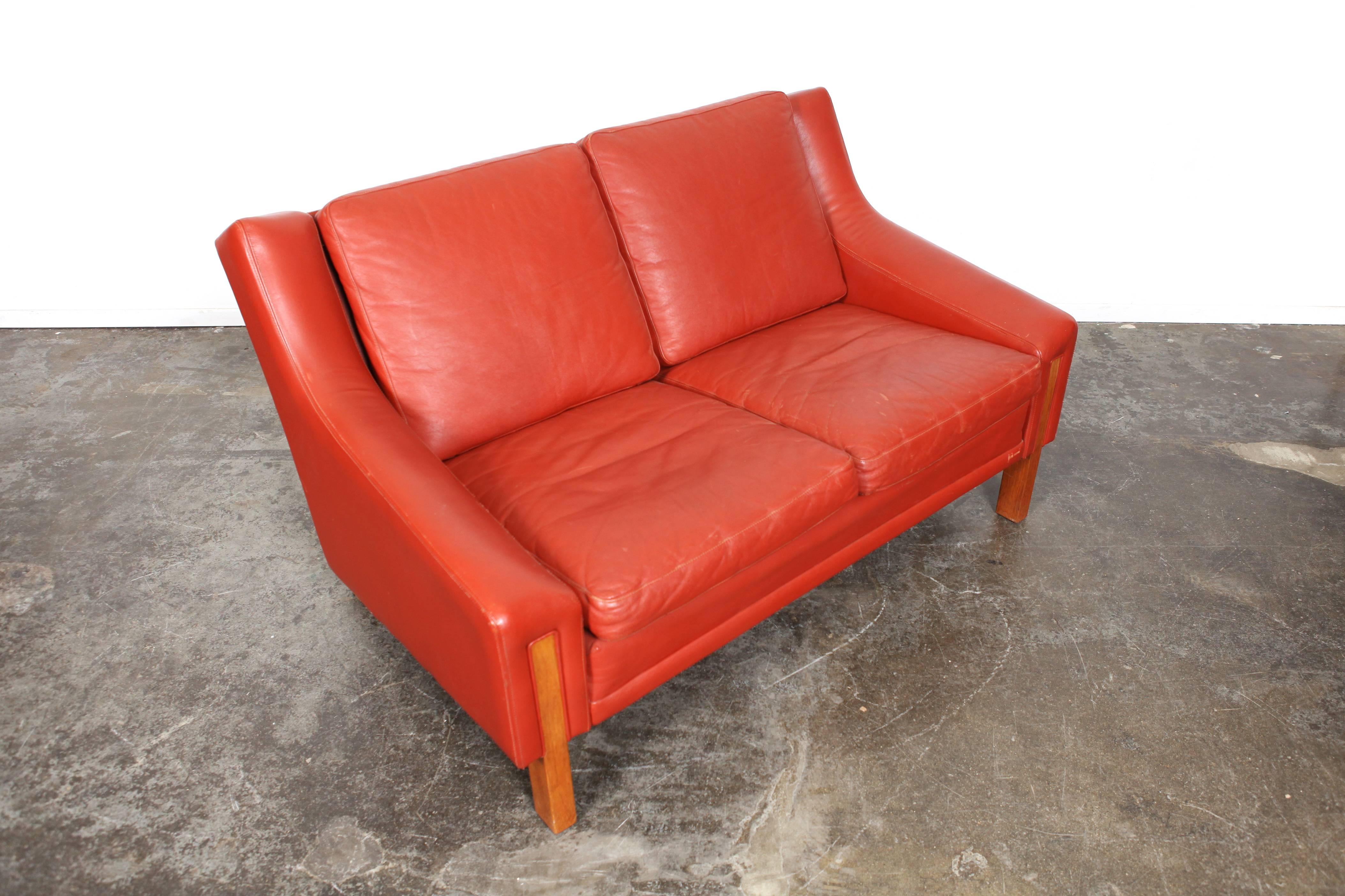 Mid-20th Century Mid-Century Modern Danish Red Leather Loveseat For Sale
