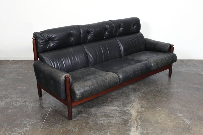 Mid Century Swedish Black Leather Sofa, Black Leather Mid Century Sofa