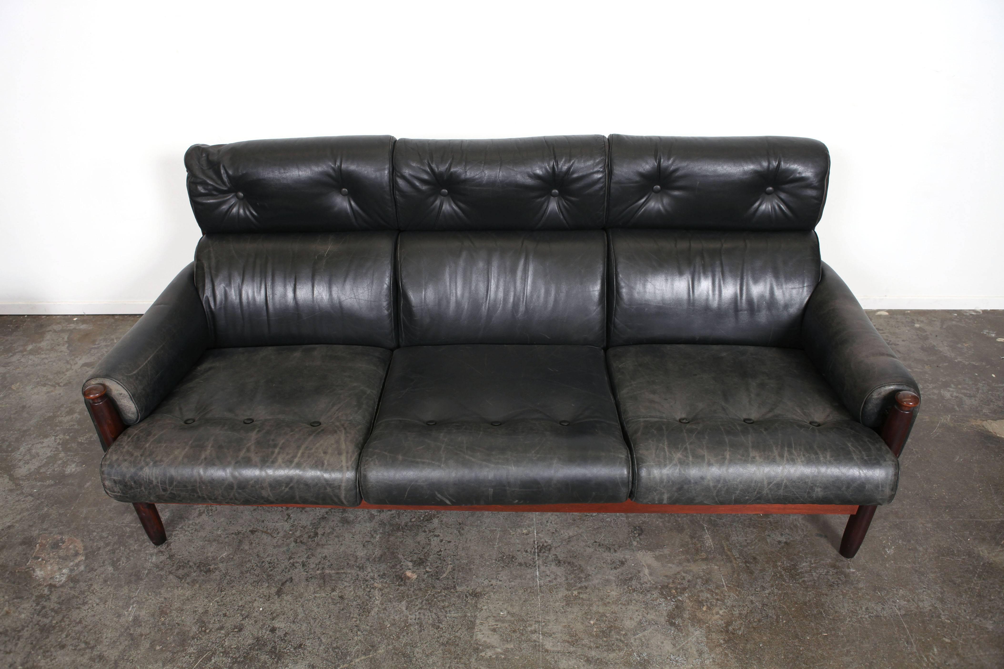 Mid-Century Swedish Black Leather Sofa In Excellent Condition In North Hollywood, CA