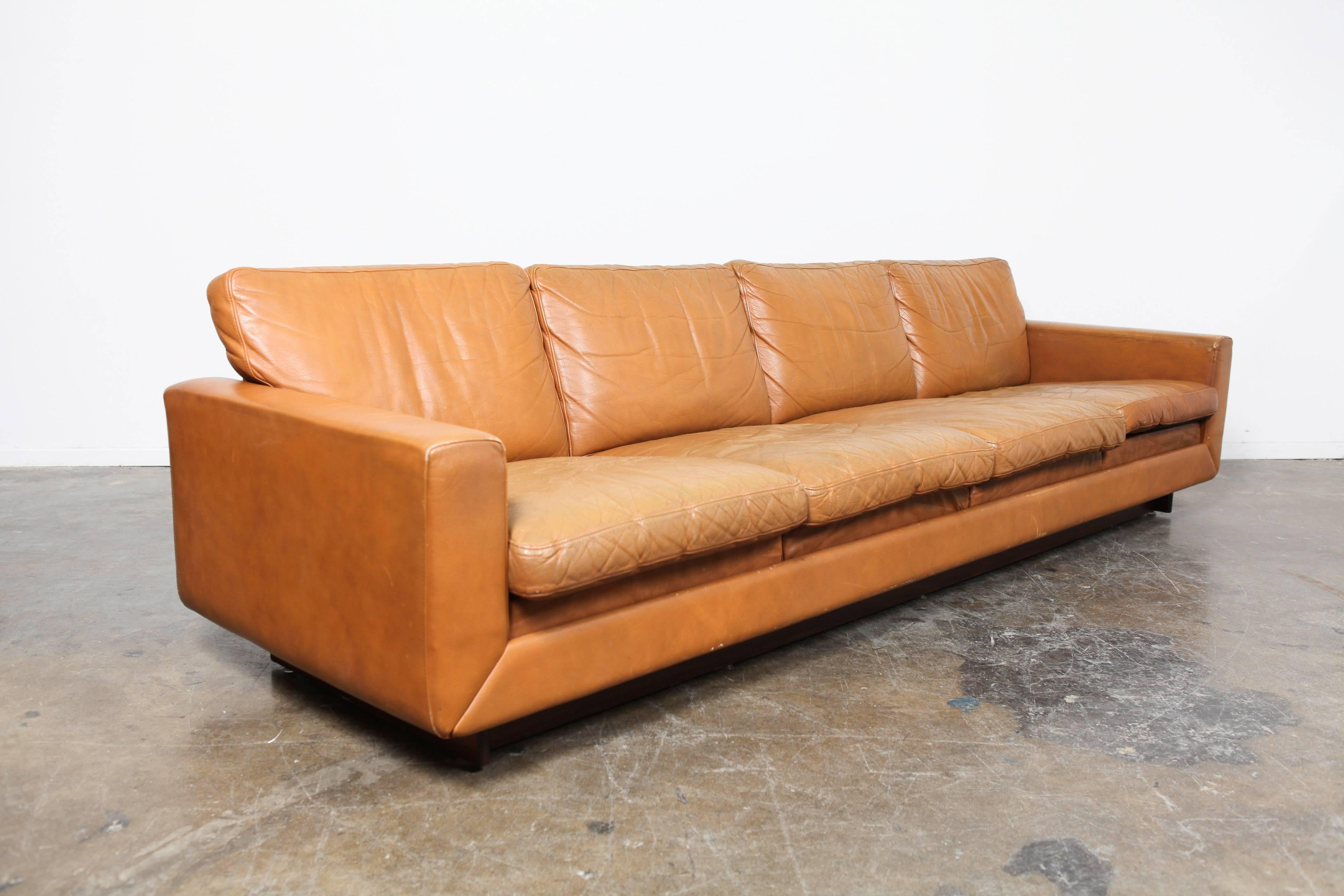 Danish Mid-Century Modern Low Leather Four-Seat Sofa In Excellent Condition In North Hollywood, CA