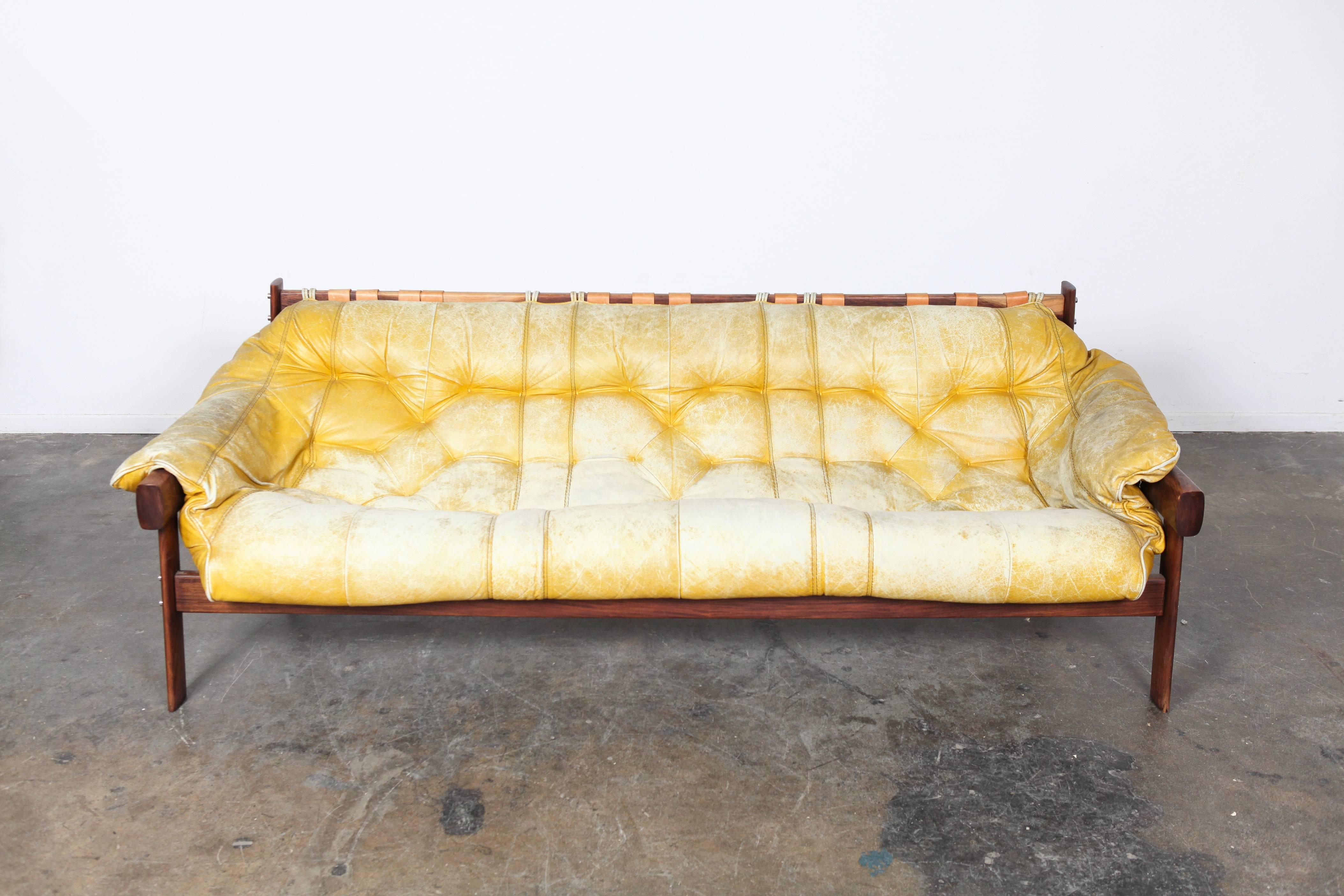 Yellow, tufted leather Brazilian sofa by Percival Lafer. Rosewood frame and beautifully worn leather.